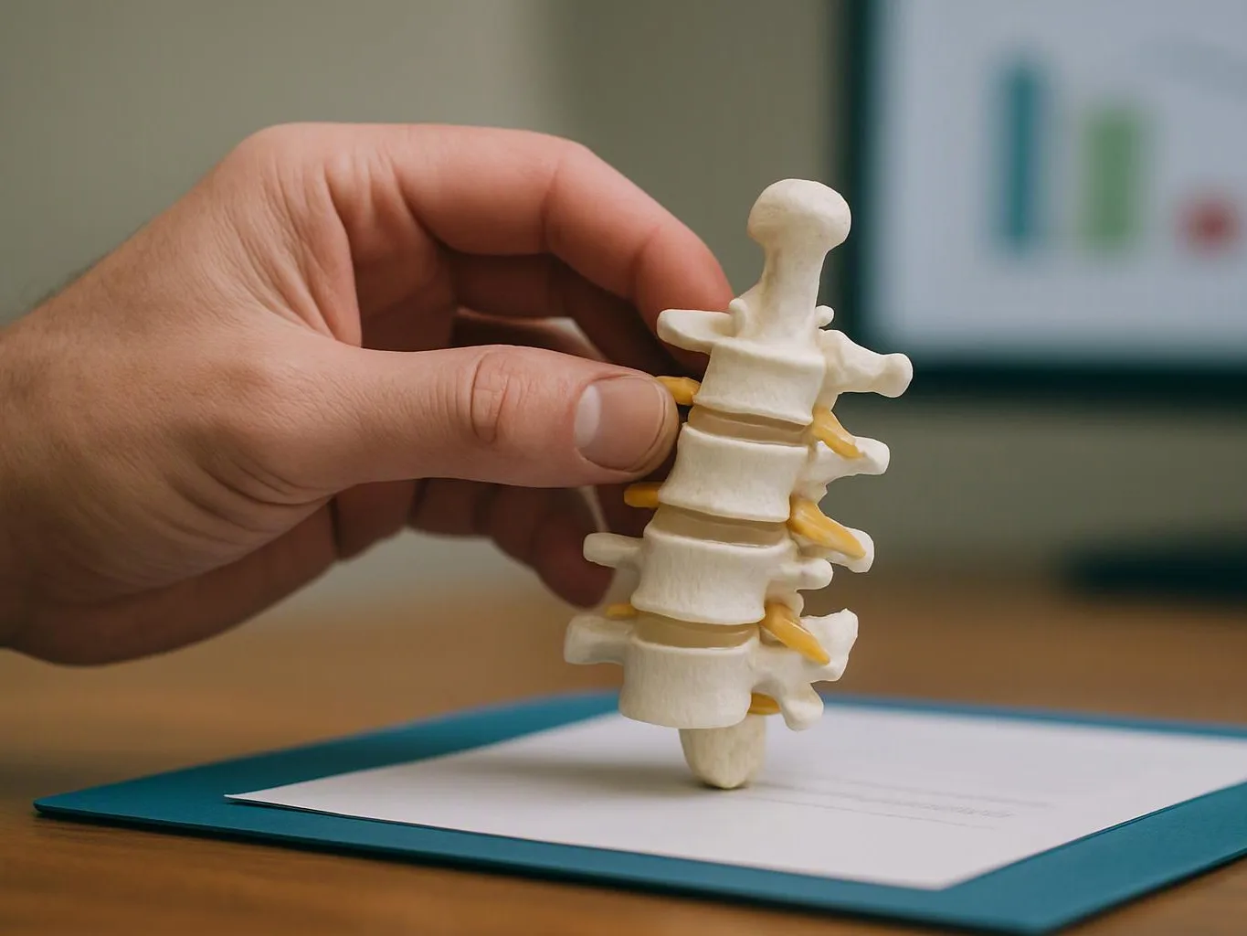 A hand holds a small spine model above a clipboard on a desk with a blurred screen in back
