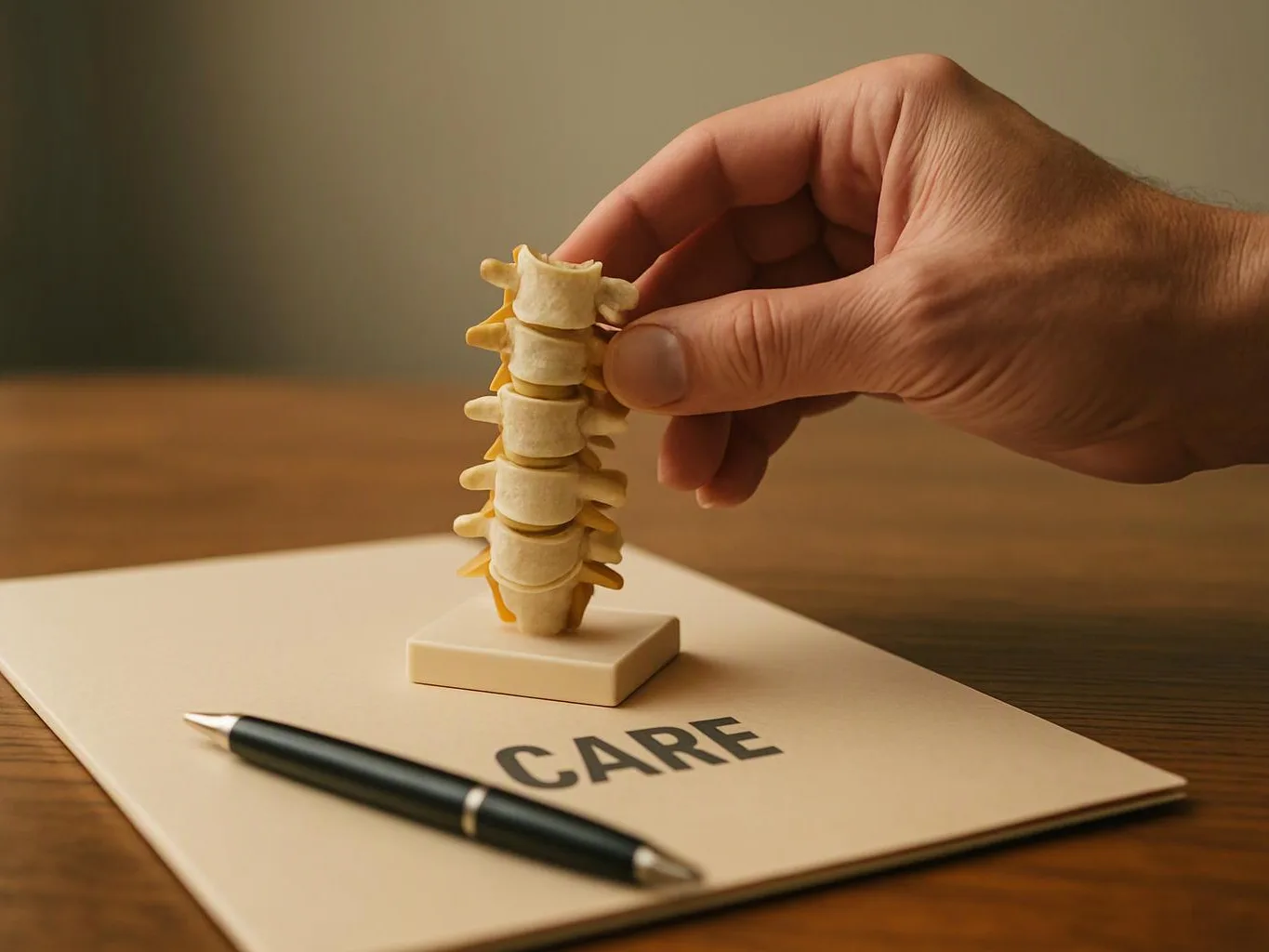A hand holds a small spine model above a folder labeled “CARE” with a pen on a wooden desk