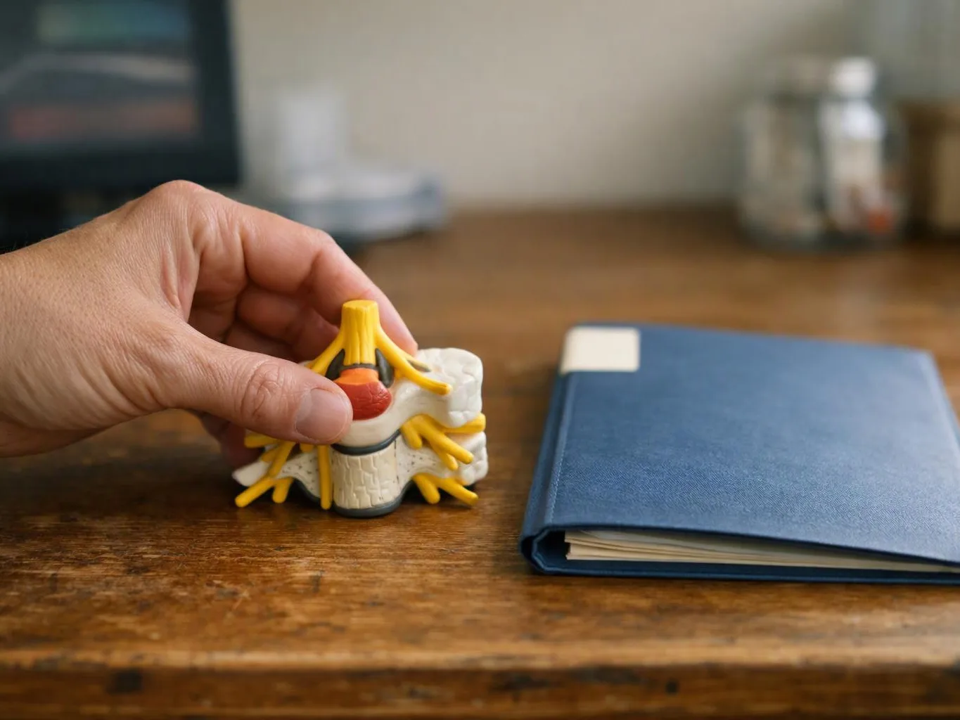 A hand holds a small spine model beside a blue notebook on a wooden table