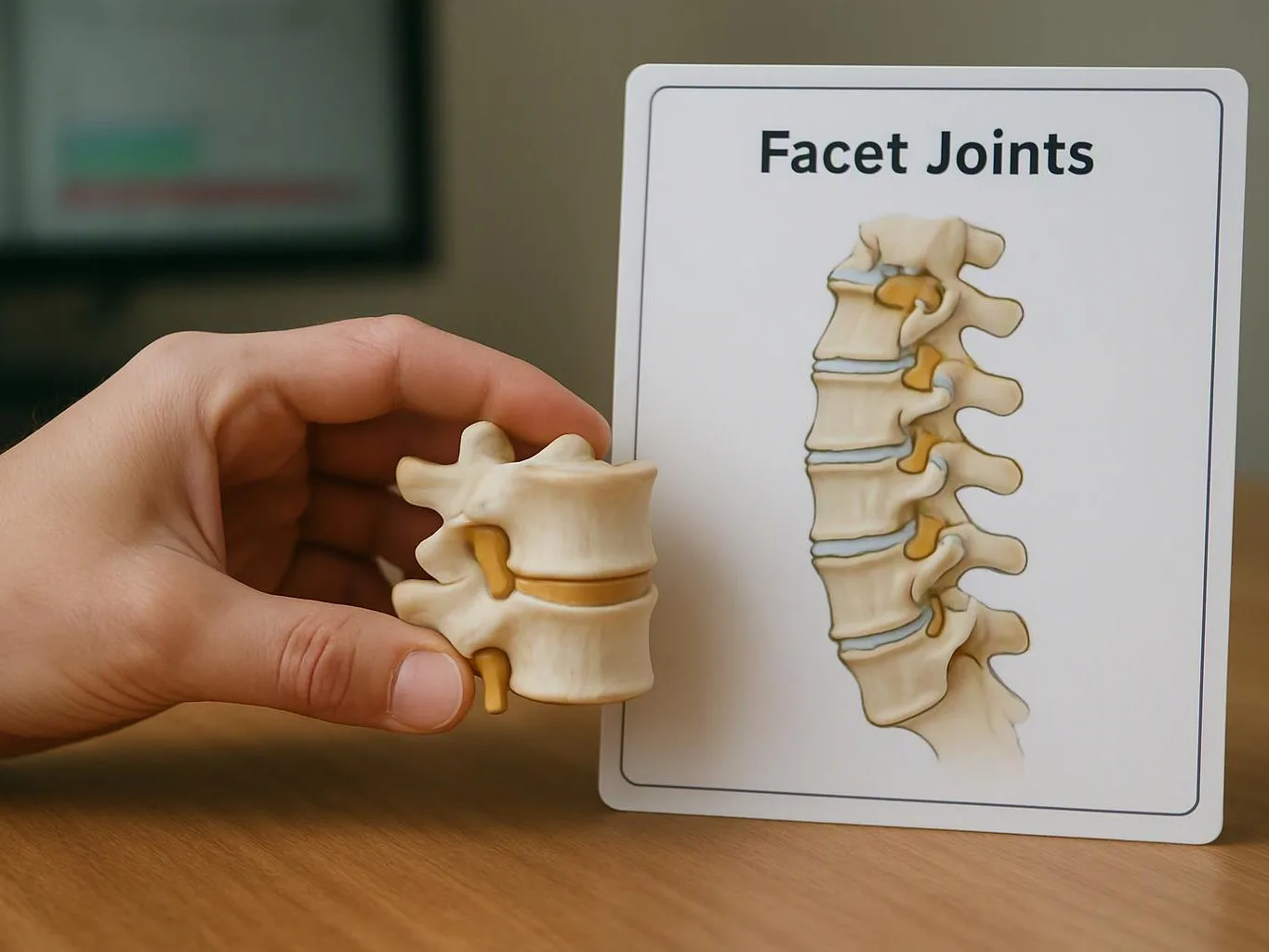A hand holds a small spine model beside a card labeled "Facet Joints" with a vertebra illustration