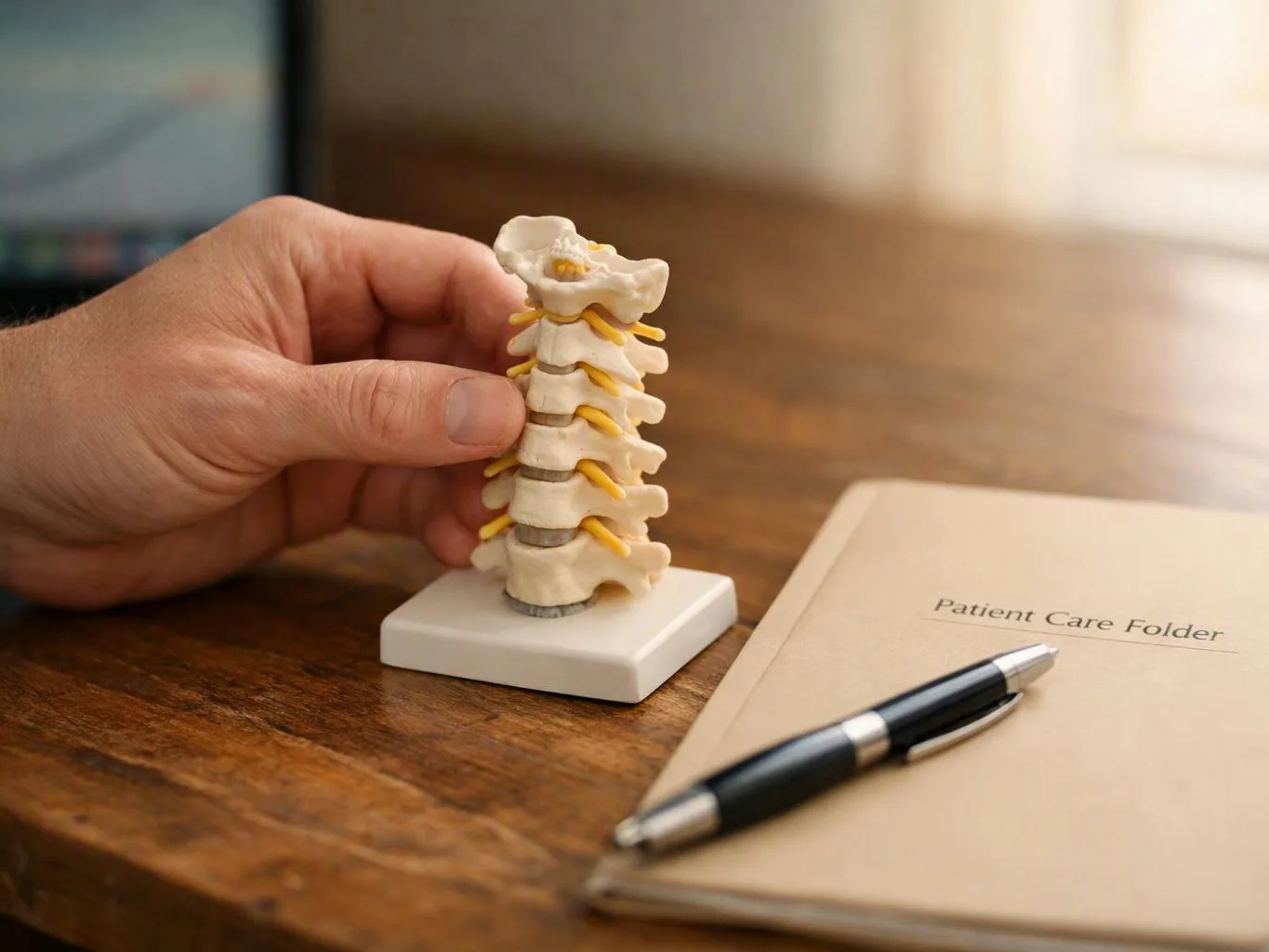 A hand holds a small spine model beside a patient care folder and pen on a wooden desk