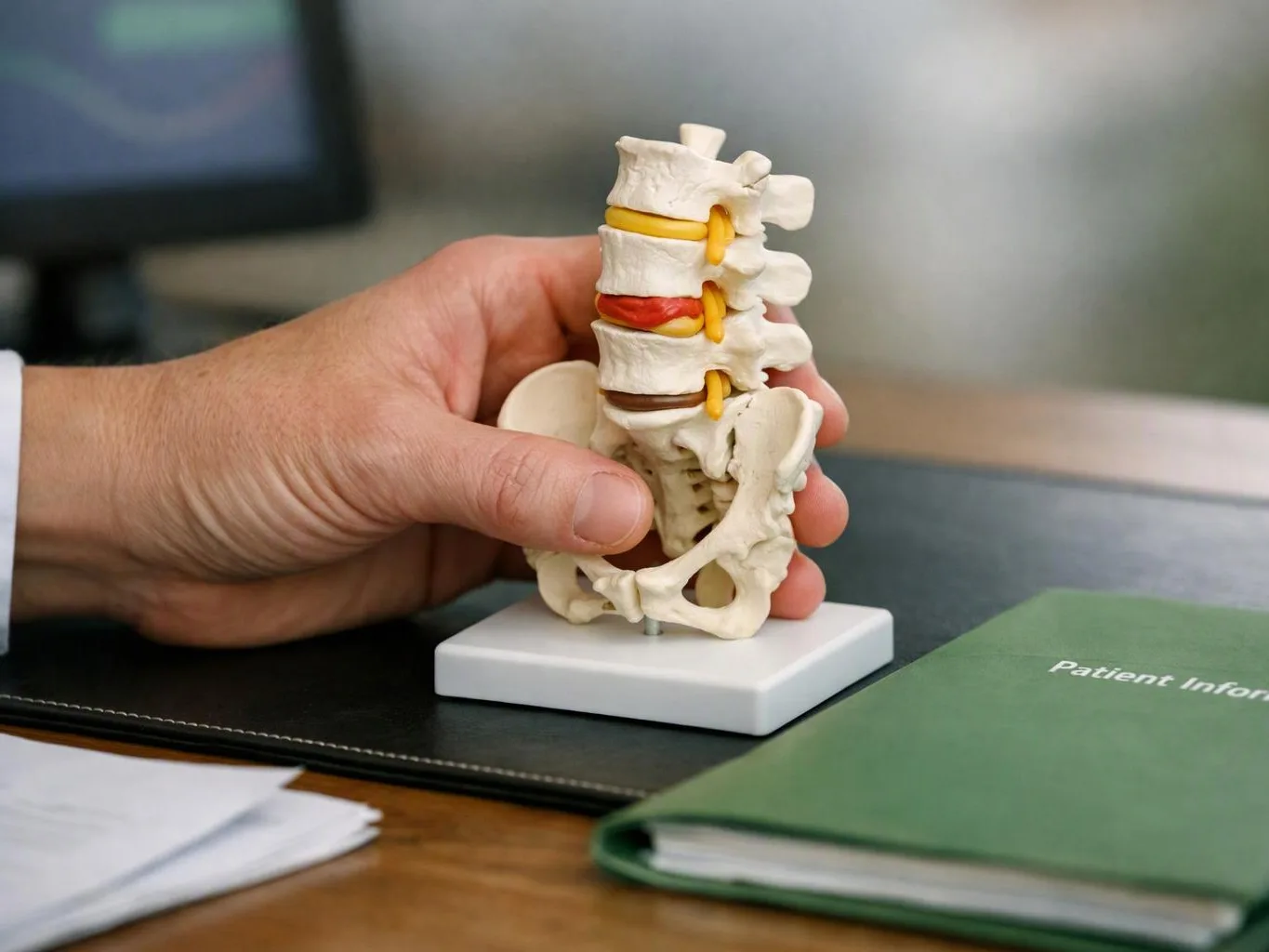A hand holds a small spine model with colored discs beside a green patient folder on a desk
