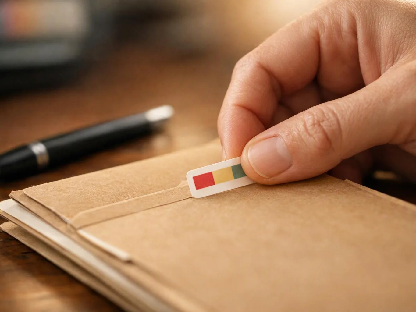 A hand places a small color strip on a brown paper envelope on a wooden table