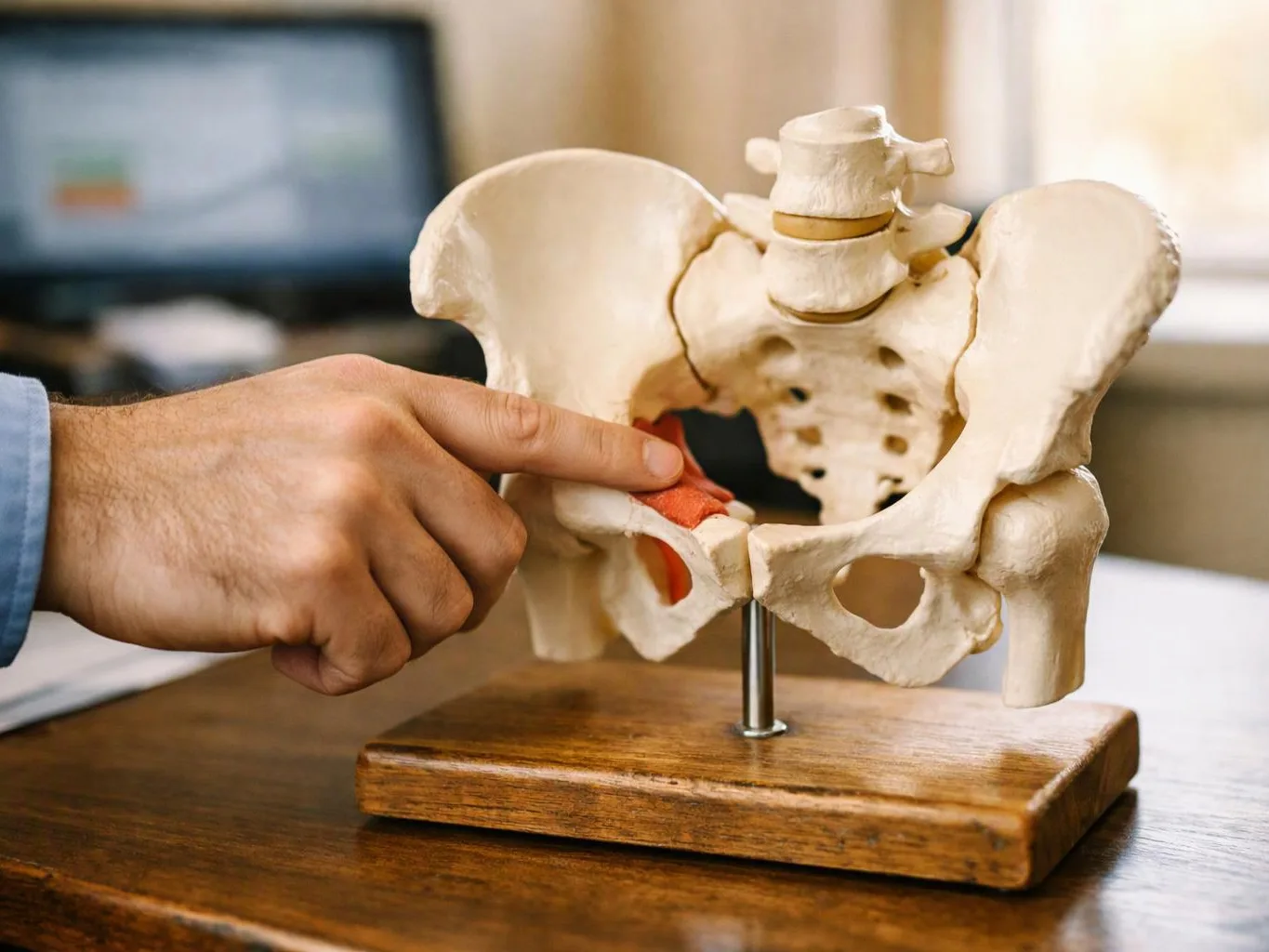 A hand points to a pelvic bone model on a wooden stand in a blurred office setting