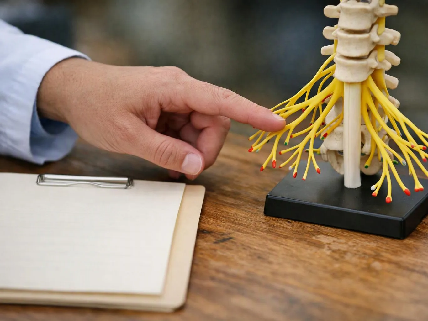 A hand points at a spinal nerve model beside a clipboard on a wooden table