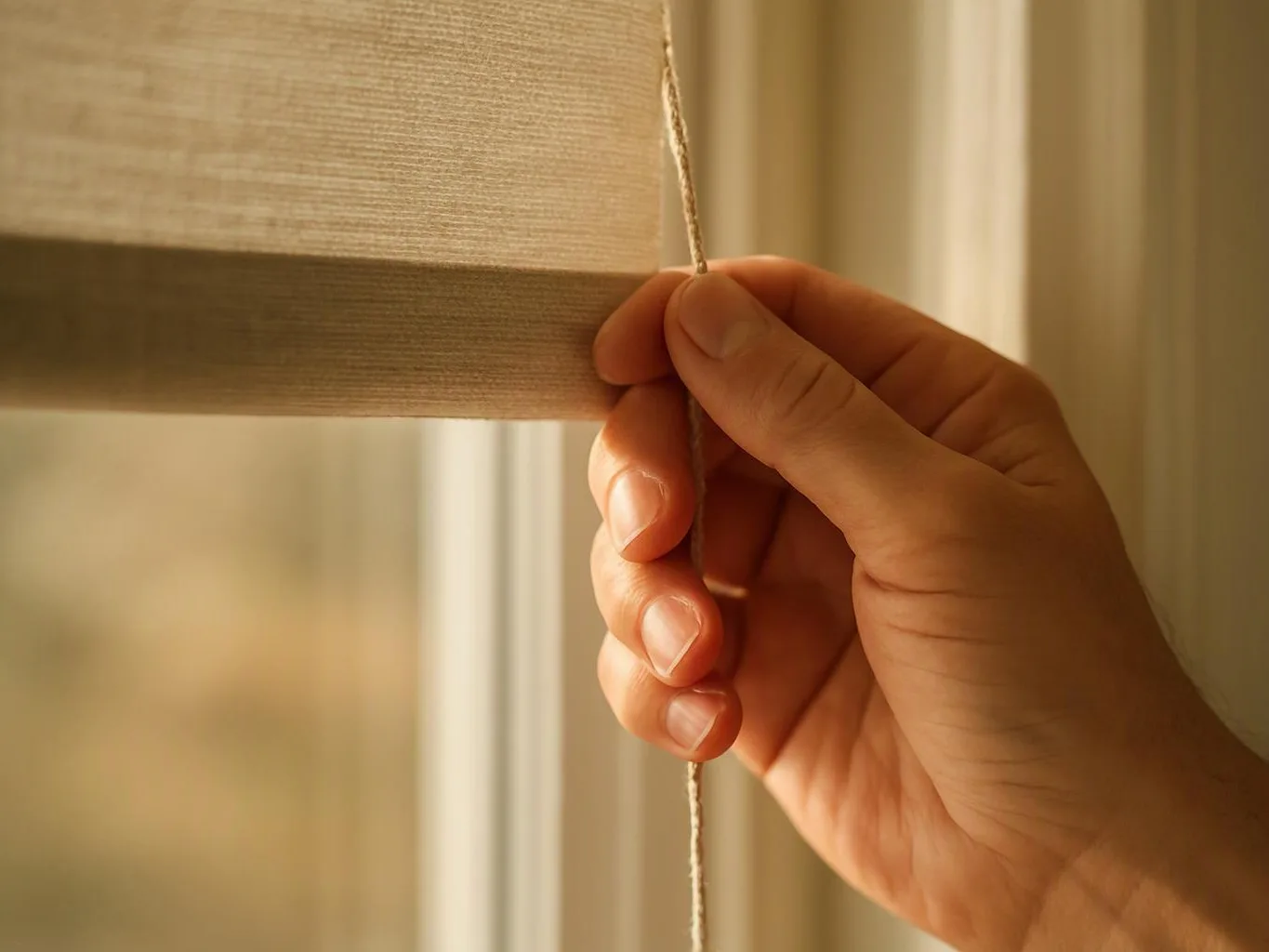 A hand pulls a blind cord beside a sunlit window with a beige shade