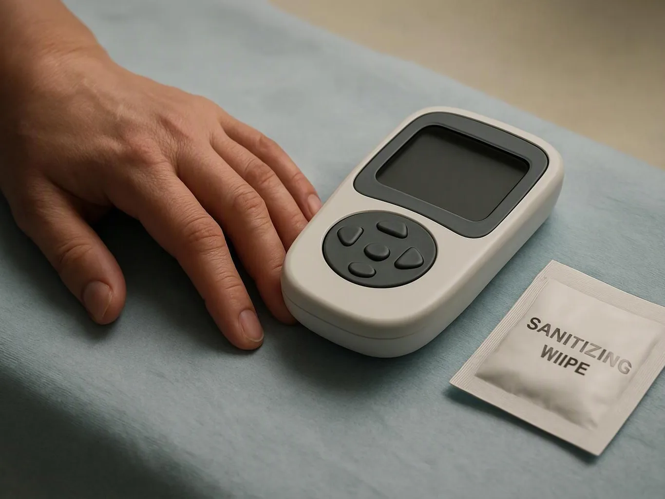A hand rests beside a small handheld device and a packet labeled “SANITIZING WIPE” on a blue surface