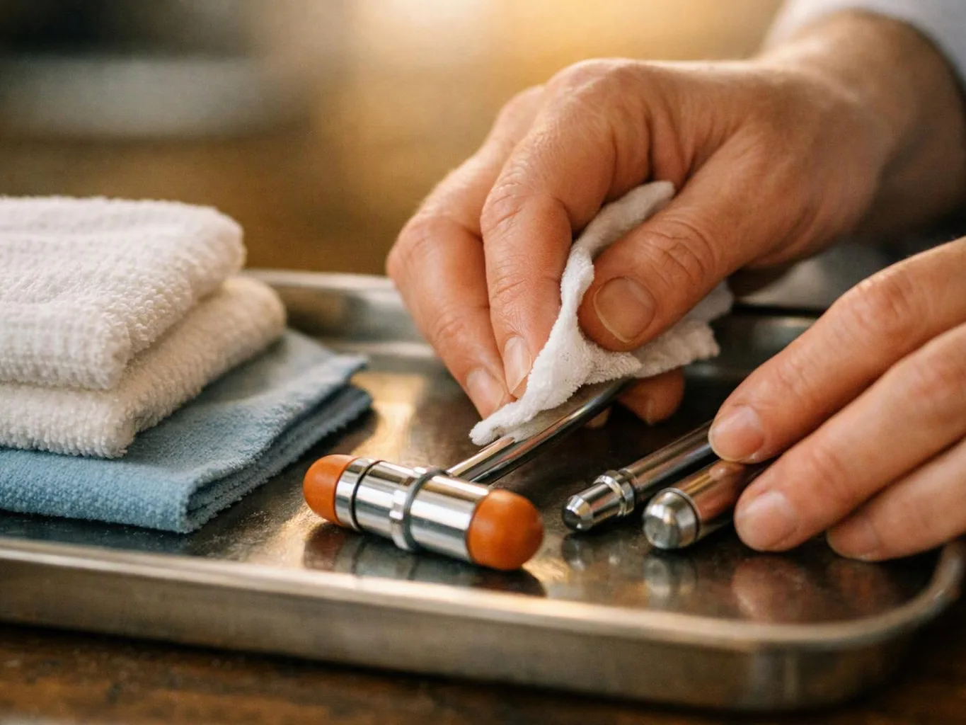 Hands wipe metal pen parts on a tray beside folded towels and a small orange-capped tool
