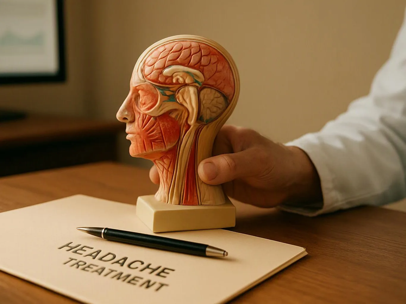 A hand holds a medical head model beside a pen and paper reading “HEADACHE TREATMENT”