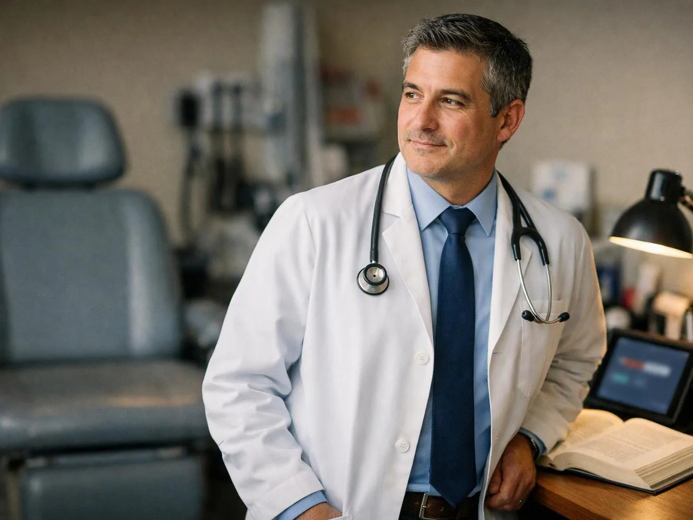 A man in a white lab coat with a stethoscope stands beside an exam chair in a clinic room