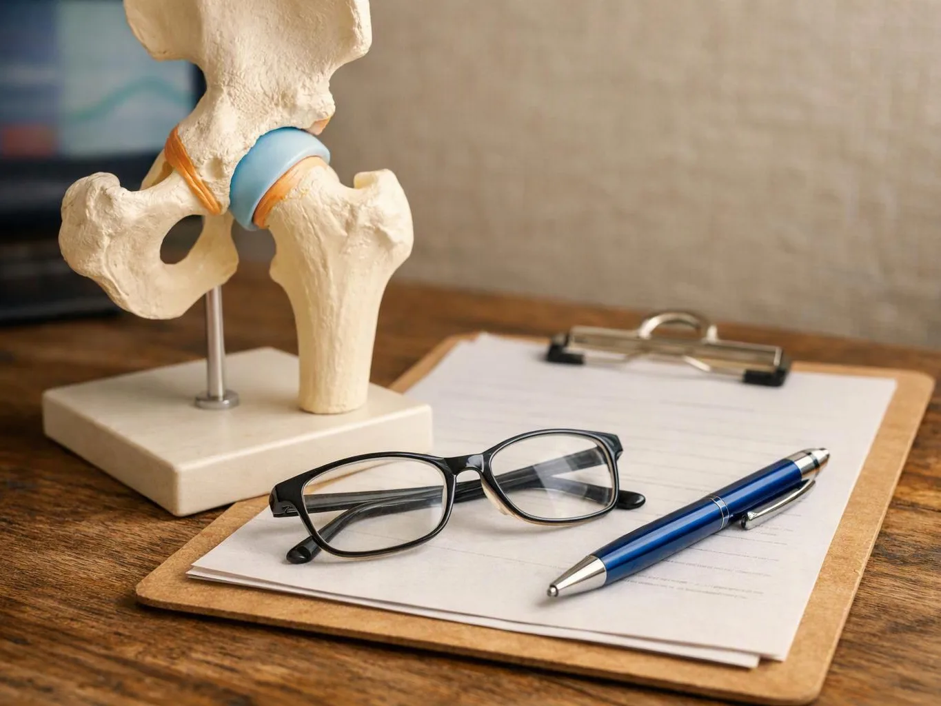 A hip joint model sits beside glasses, a blue pen, and a clipboard on a wooden desk