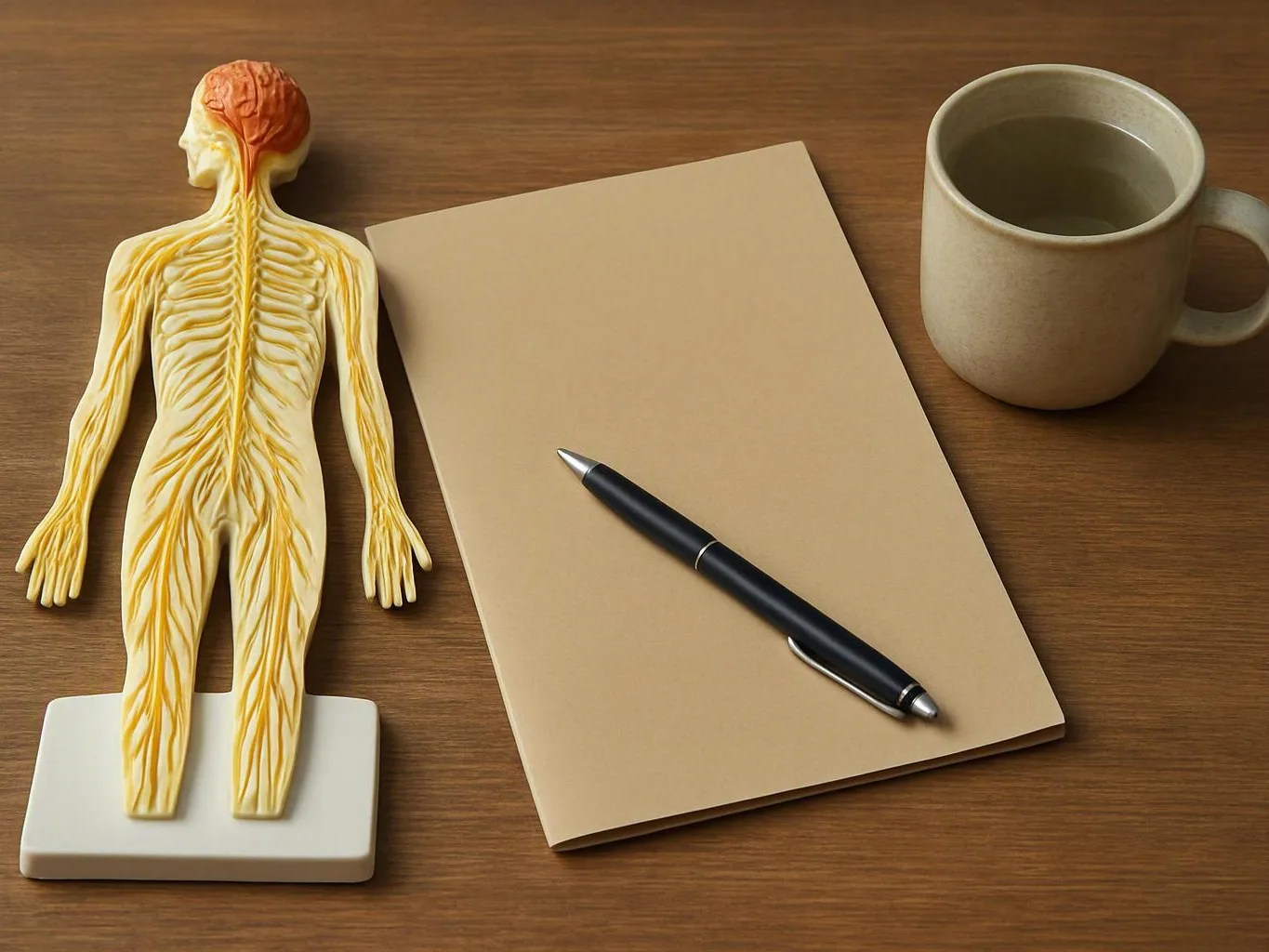 A human anatomy model, blank notebook, pen, and mug sit on a wooden desk