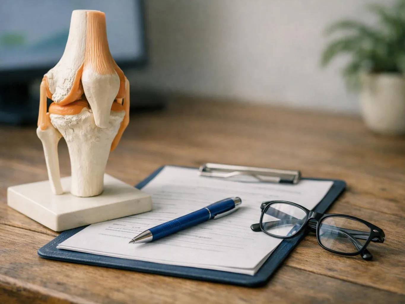A knee joint model sits beside a clipboard, pen, and eyeglasses on a wooden desk