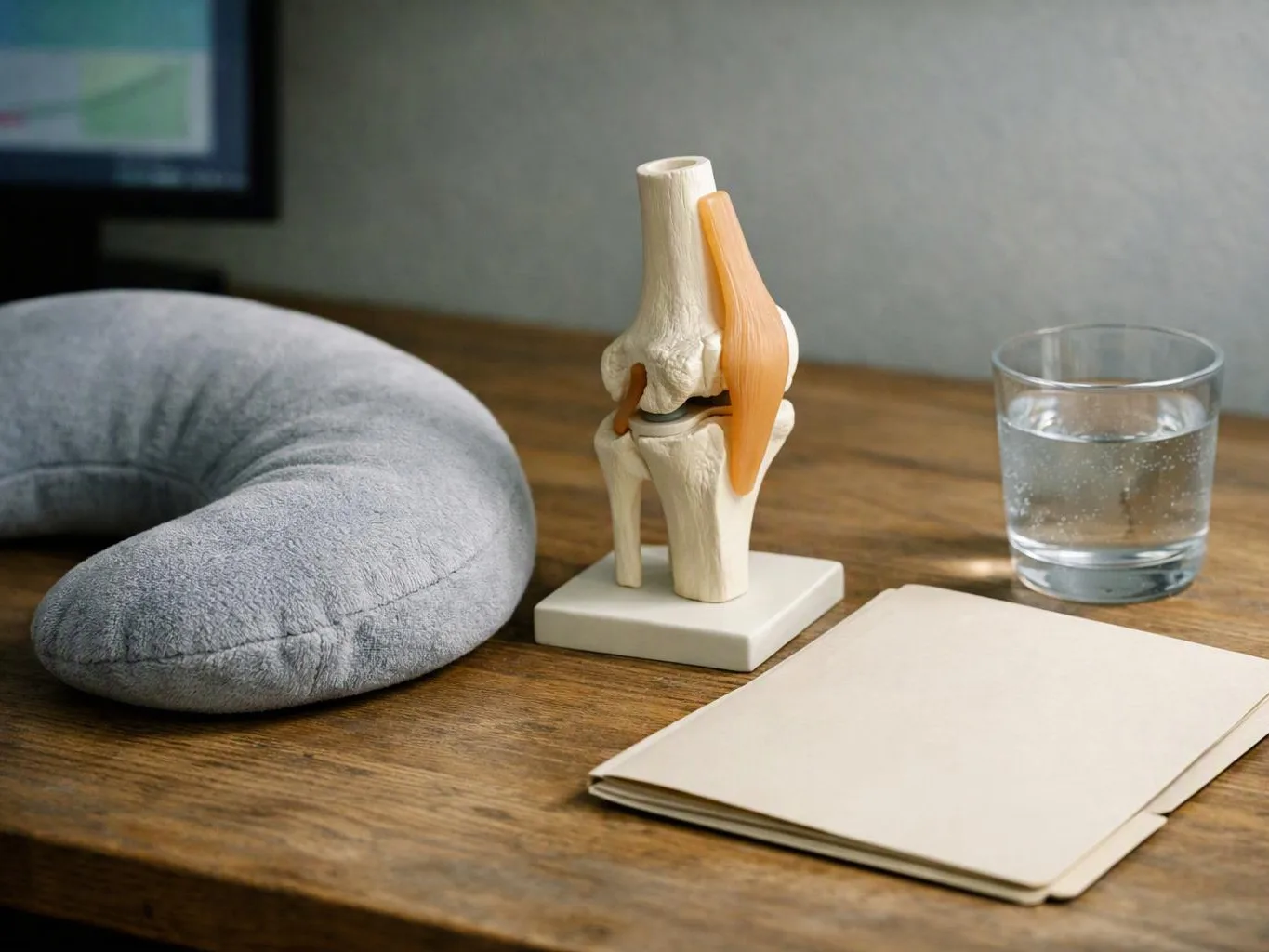 A knee joint model sits on a wooden desk beside a neck pillow, glass of water, and closed notebook