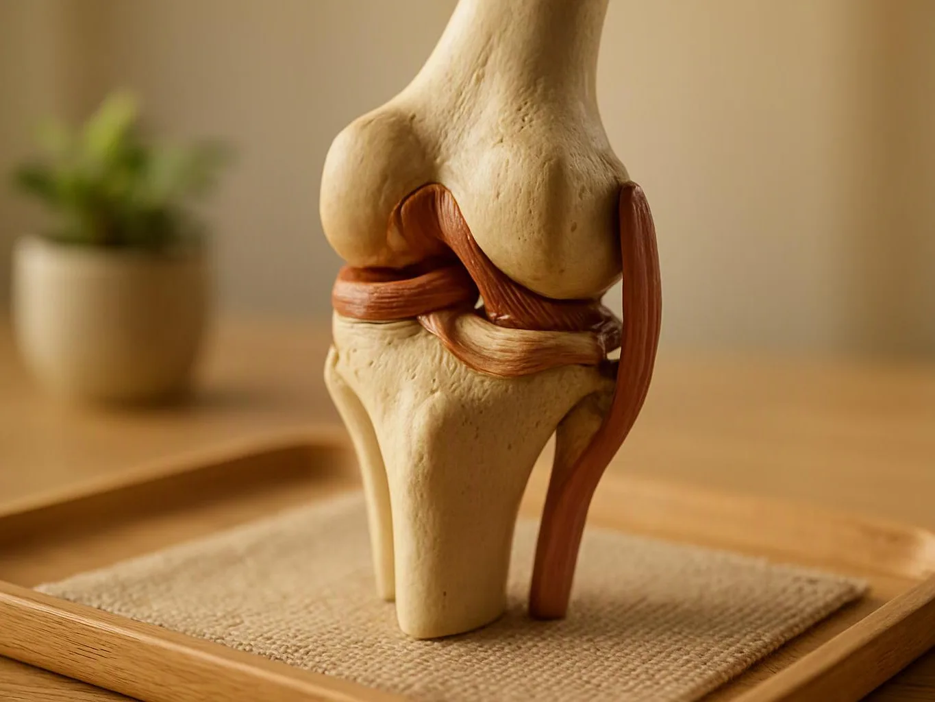 A knee joint model sits on a woven mat, showing bones, ligaments, and a blurred plant in the background