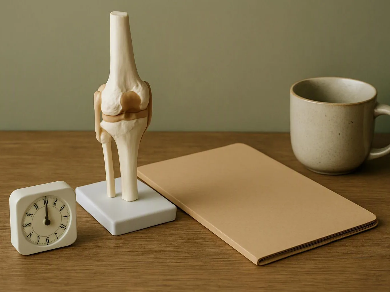 A knee joint model, small clock, beige notebook, and mug sit on a wooden desk against a plain wall