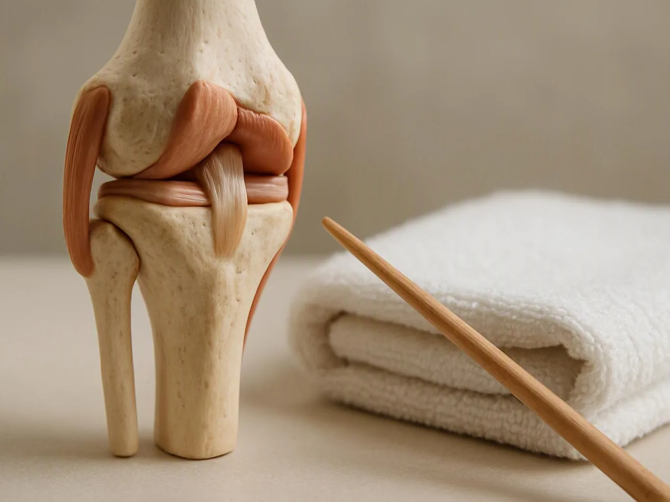 A knee joint model stands beside a folded white towel with a wooden pointer on a beige surface