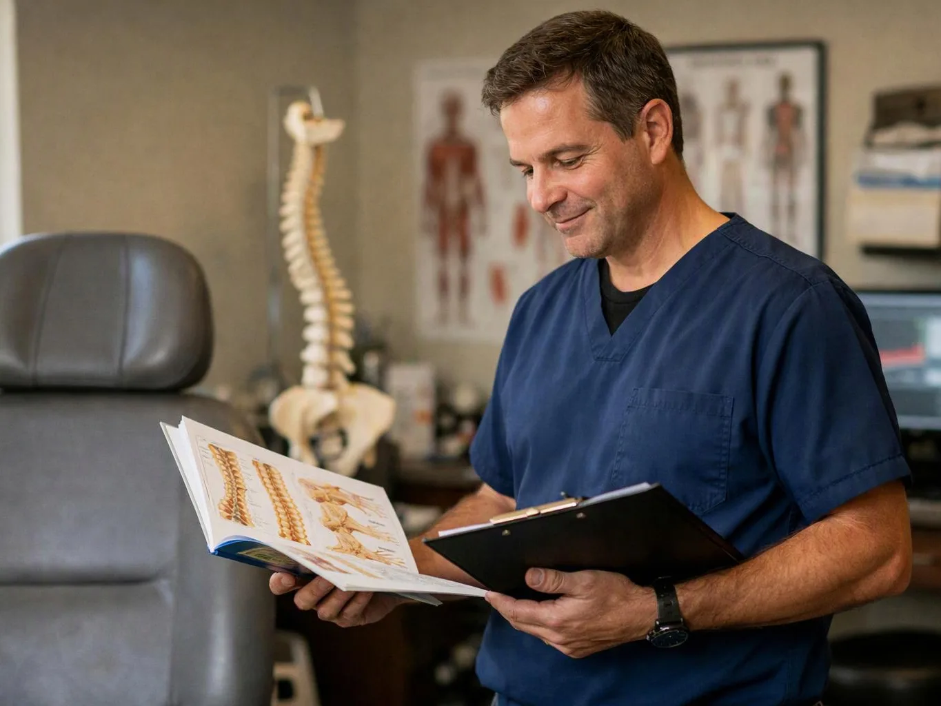 A man in blue scrubs studies a medical book and clipboard in a clinic exam room