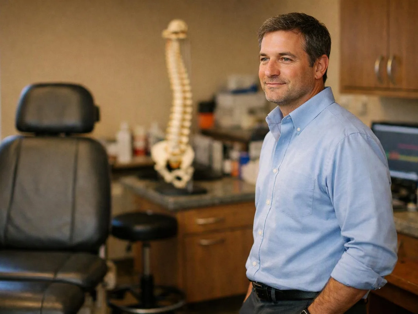 A man in a blue shirt stands in a medical exam room beside a black treatment chair and spine model
