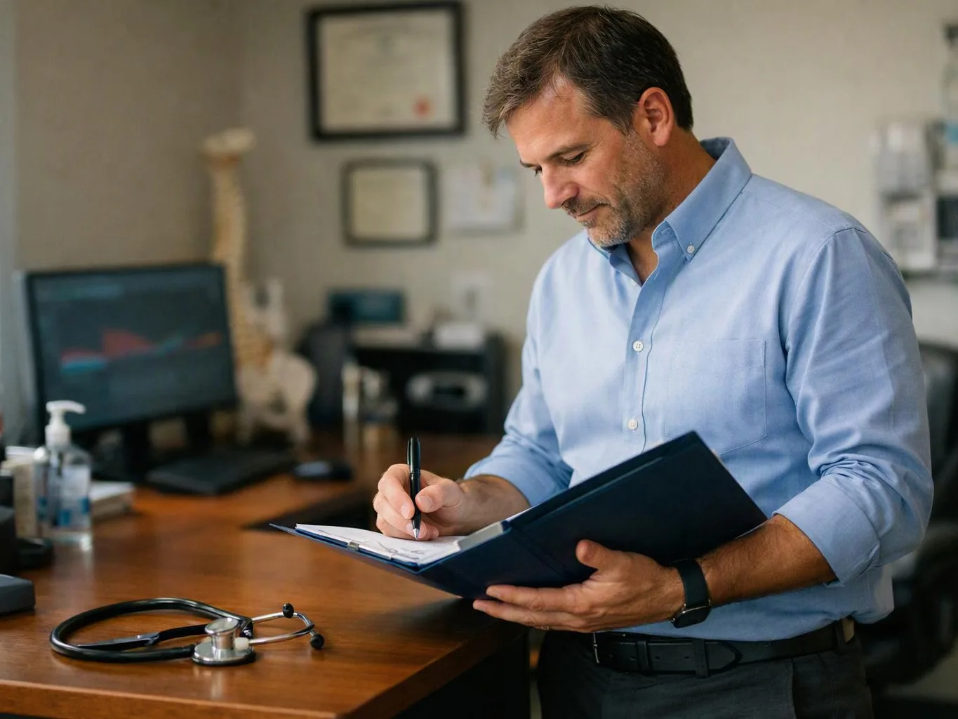 A man in a blue shirt writes on a clipboard in a medical office with a stethoscope on the desk