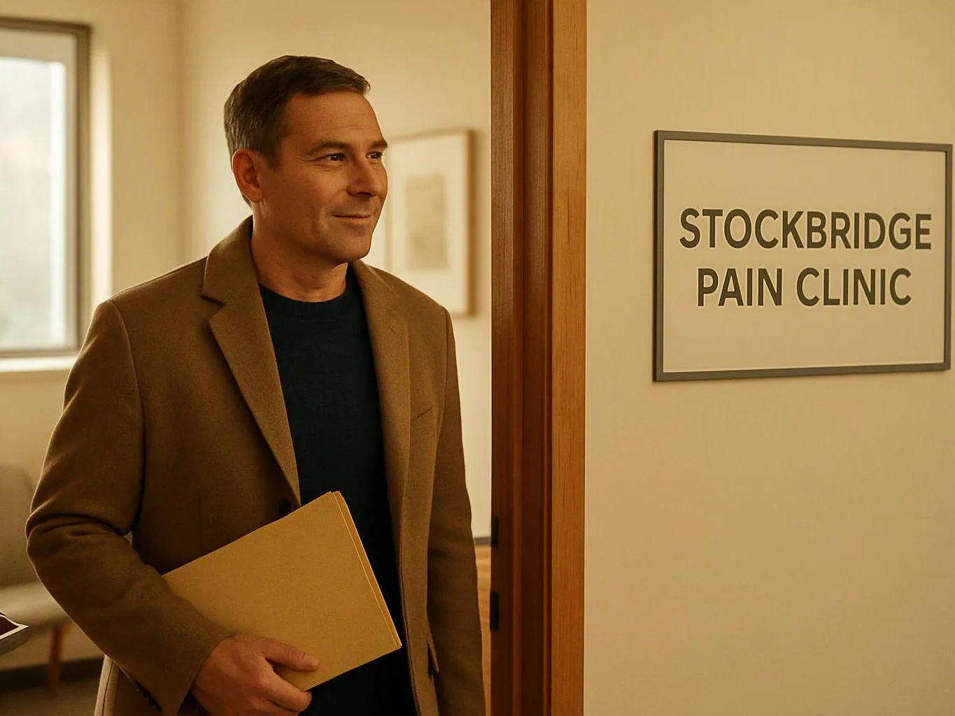 A man in a brown coat holds a folder beside a sign reading “STOCKBRIDGE PAIN CLINIC” in a hallway