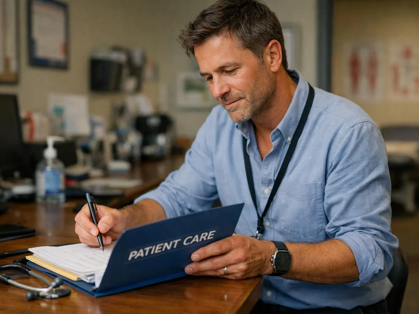 A man in a clinic writes on paperwork behind a blue patient care folder at a desk