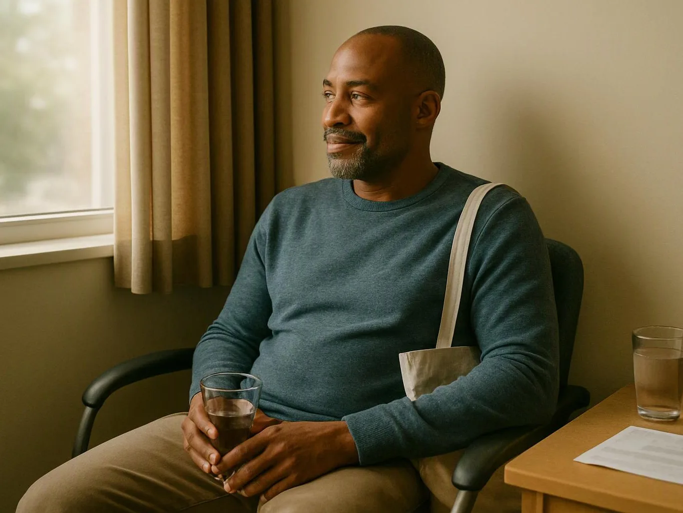 A man sits by a window holding a glass, with a tote bag on his shoulder in a quiet room