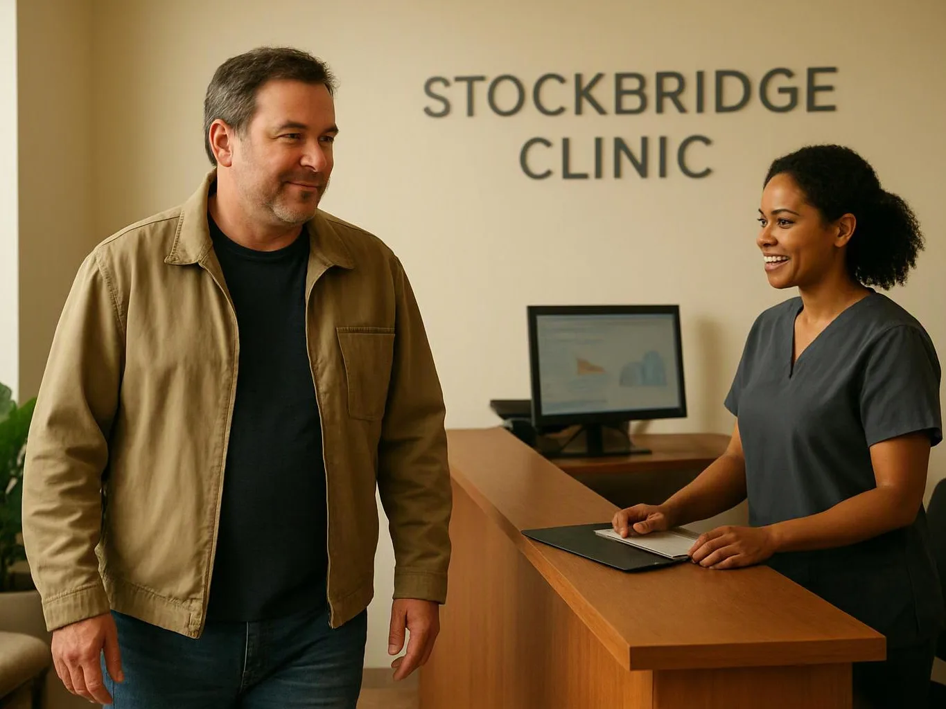 A man stands at a clinic reception desk, smiling at a nurse beside a computer and wall sign