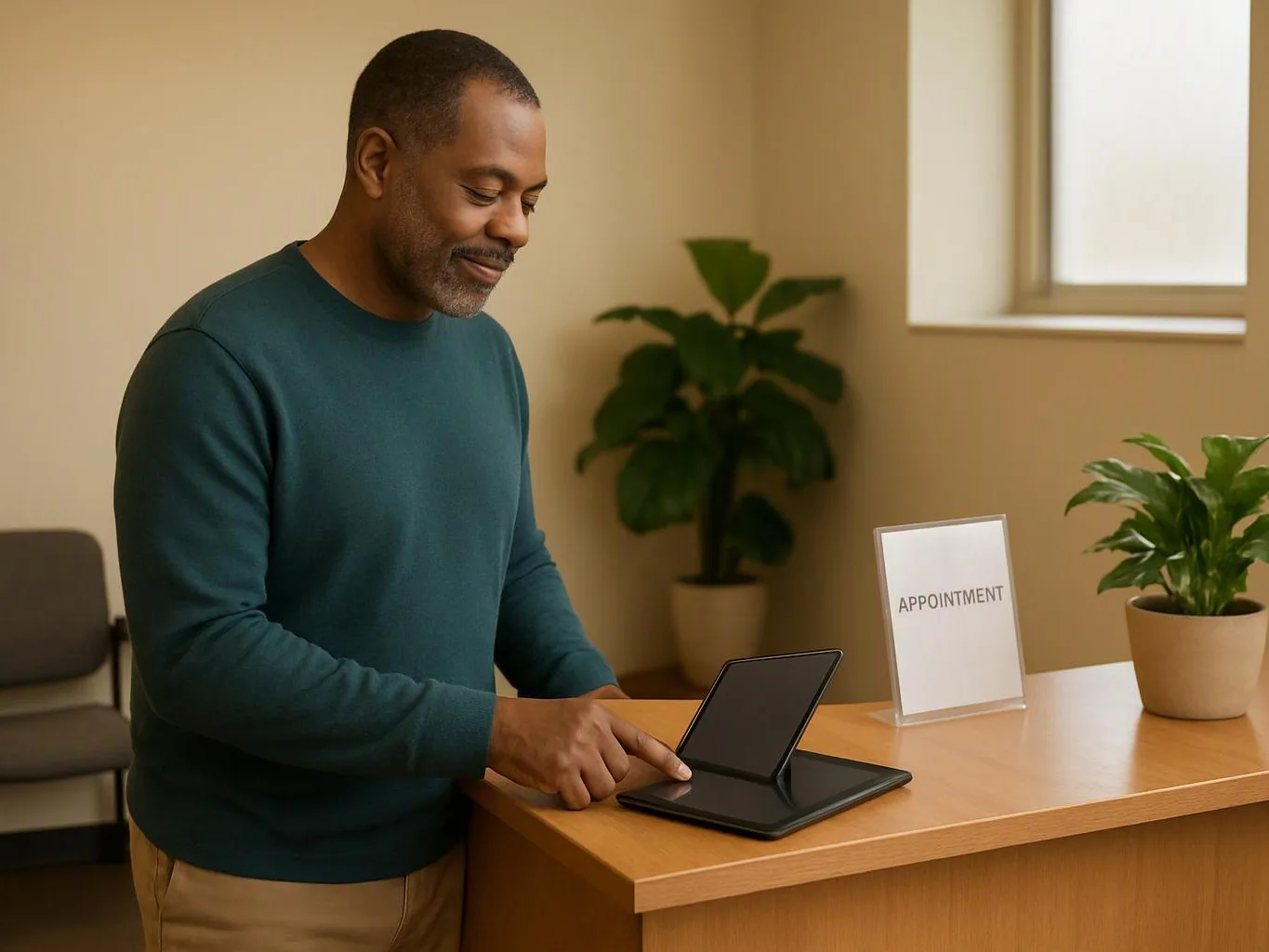 A man stands at a desk, using a tablet beside an appointment sign and potted plants in a bright room