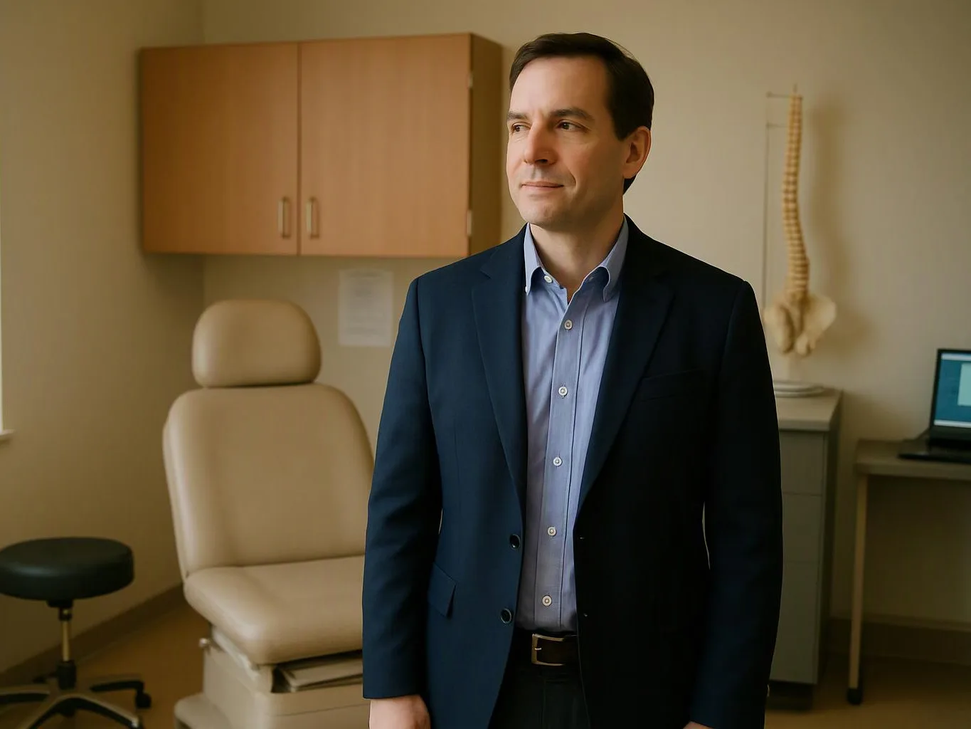 A man in a suit stands in a medical exam room beside an empty chair and a computer desk