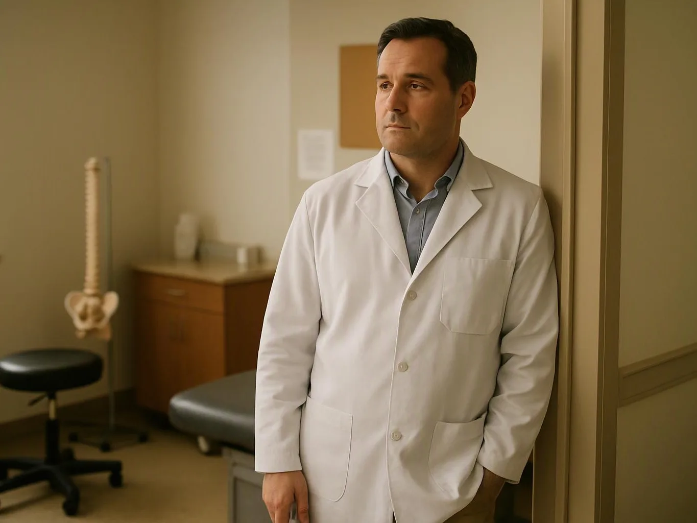 A man in a white lab coat stands in a medical exam room beside an examination table