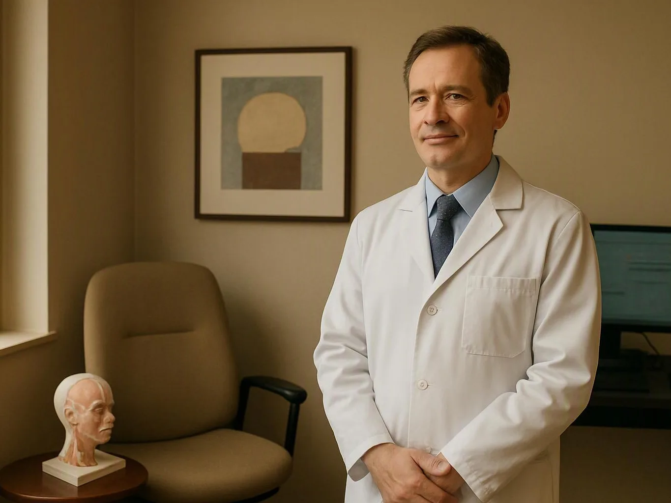 A man in a white lab coat stands in a medical office beside a chair and anatomical head model