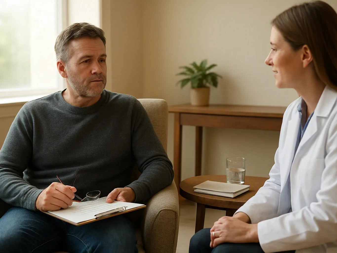 A man writes on a clipboard while talking with a woman in a white coat in a calm office setting