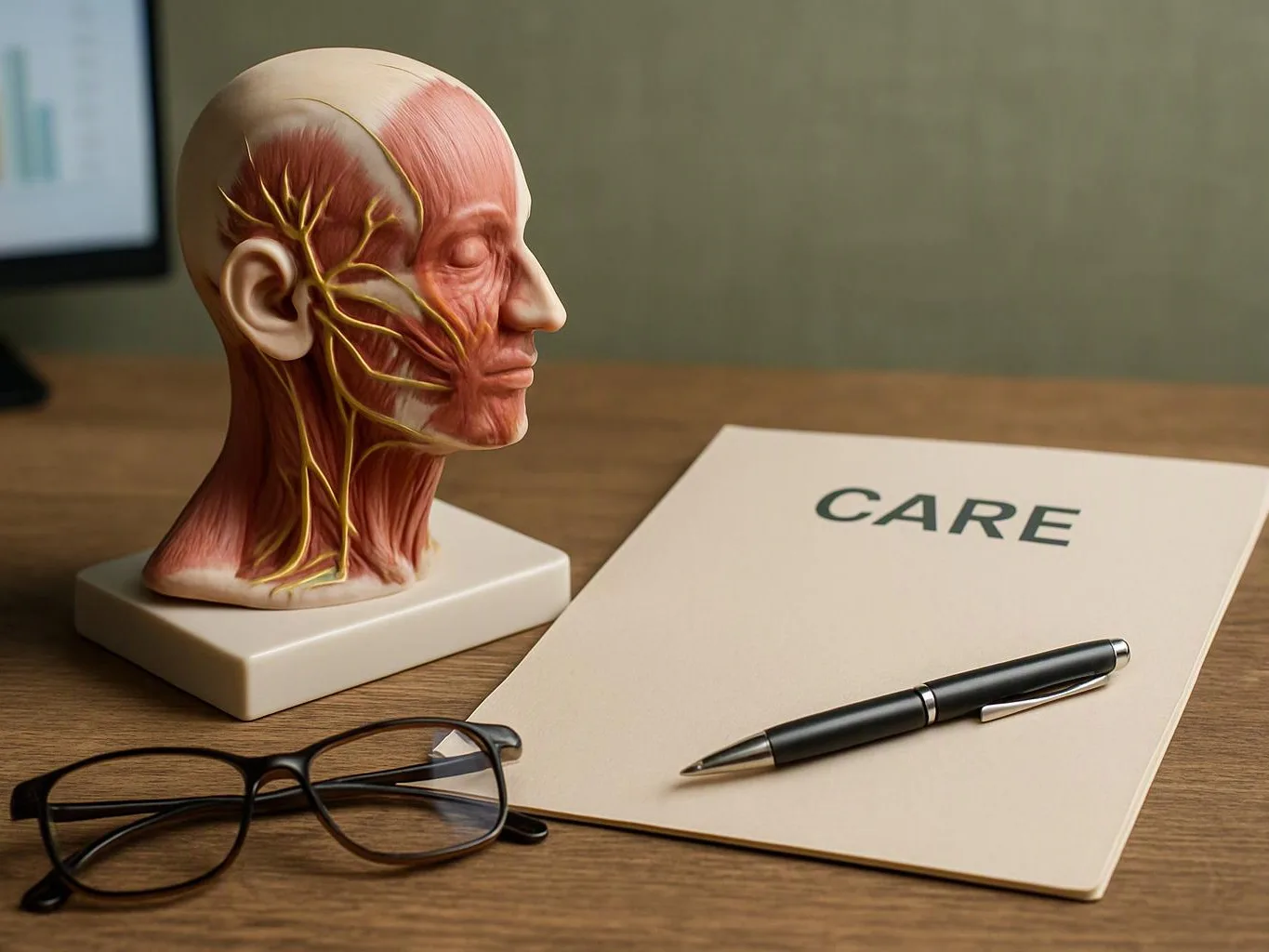 A medical anatomy head model sits beside a folder labeled “CARE,” with glasses and a pen on a wooden desk