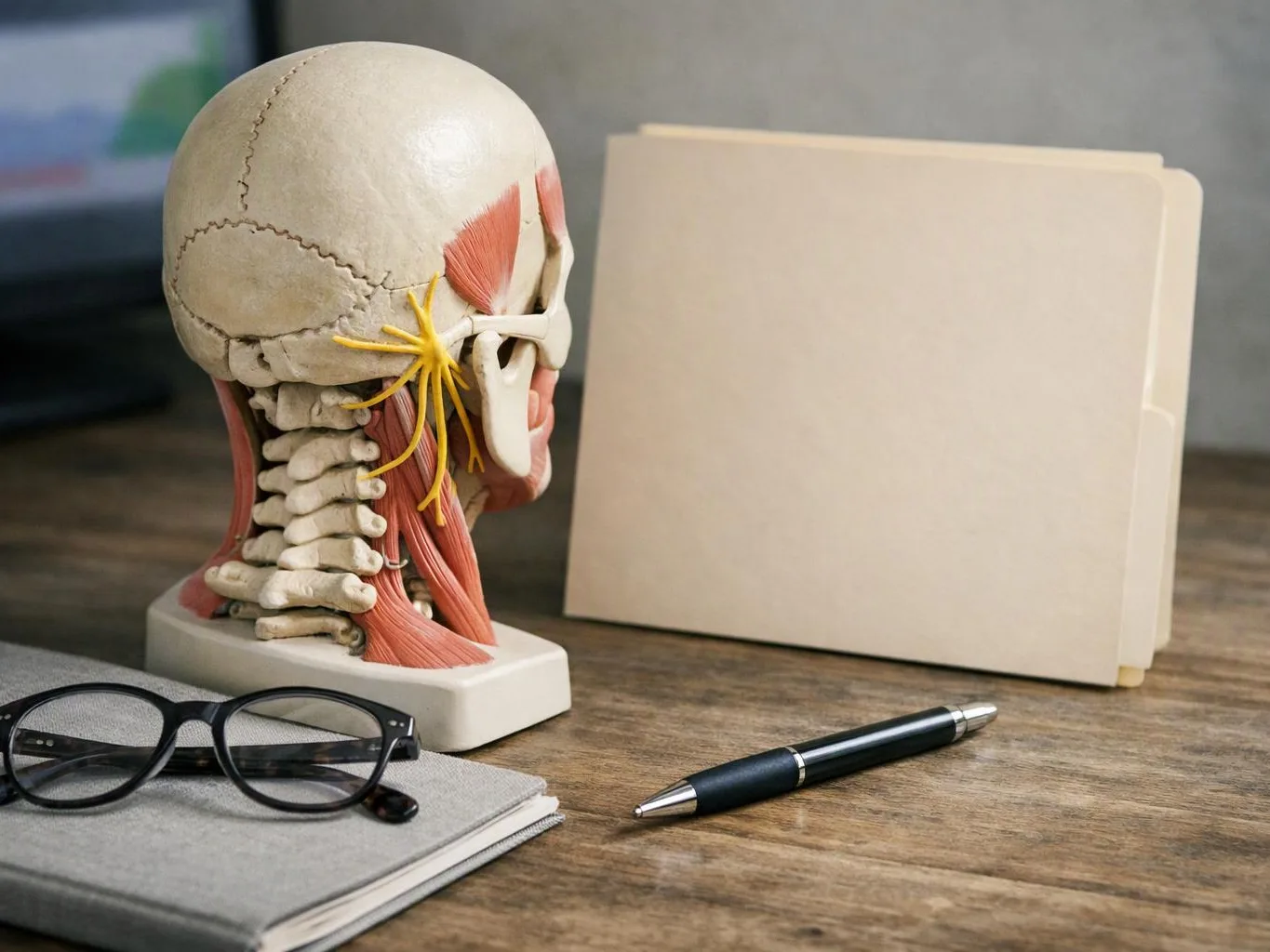 A medical anatomy skull model sits beside folders, glasses, a notebook, and a pen on a wooden desk