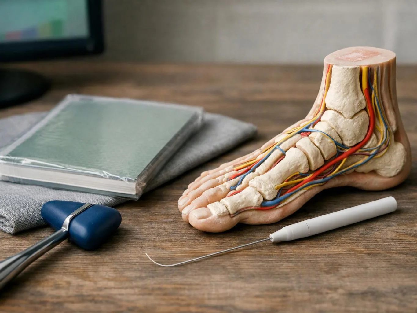 A medical foot model with colored nerves sits beside a reflex hammer, notebook, and dental pick on a wooden table