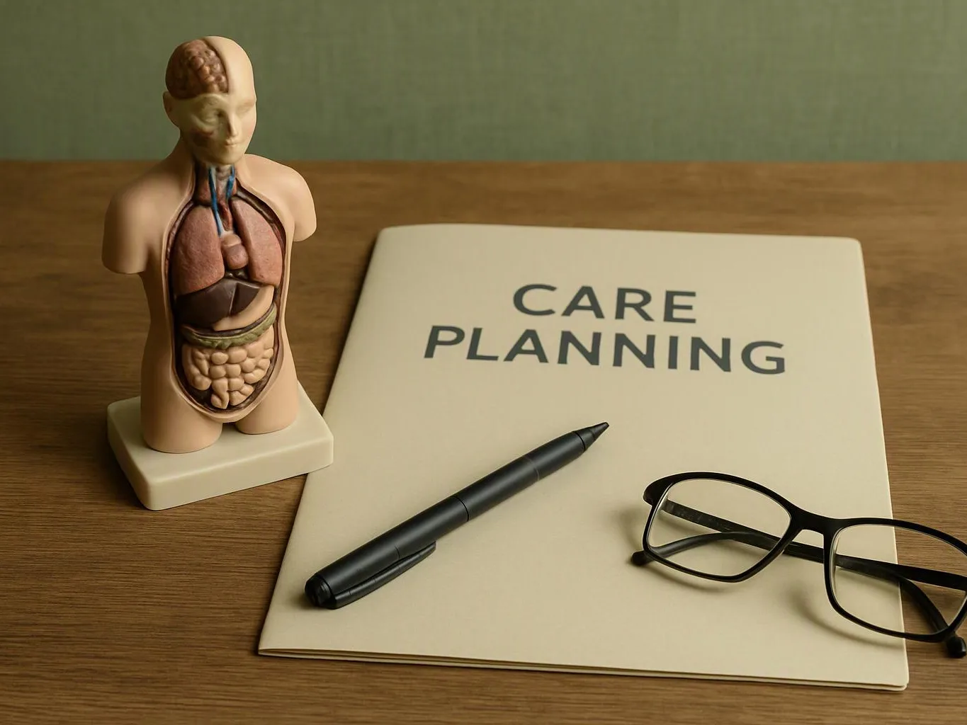 A medical model stands beside a folder labeled care planning with a pen and eyeglasses on a wooden table
