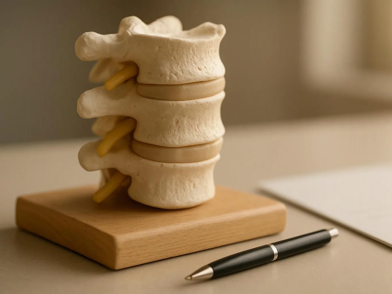 A medical spine model stands on a wooden base beside a pen on a desk