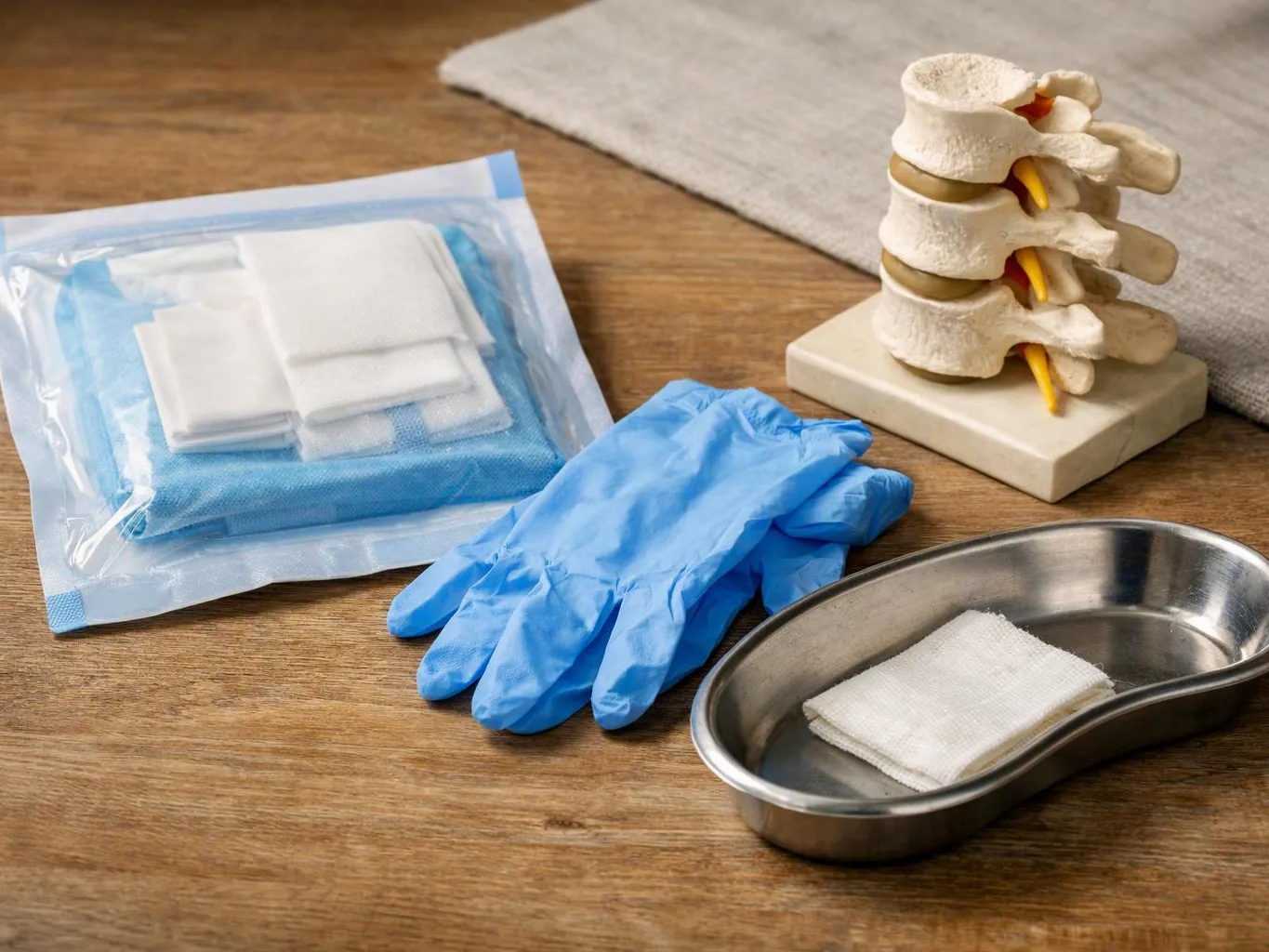 Medical supplies and blue gloves sit beside a spine model on a wooden table