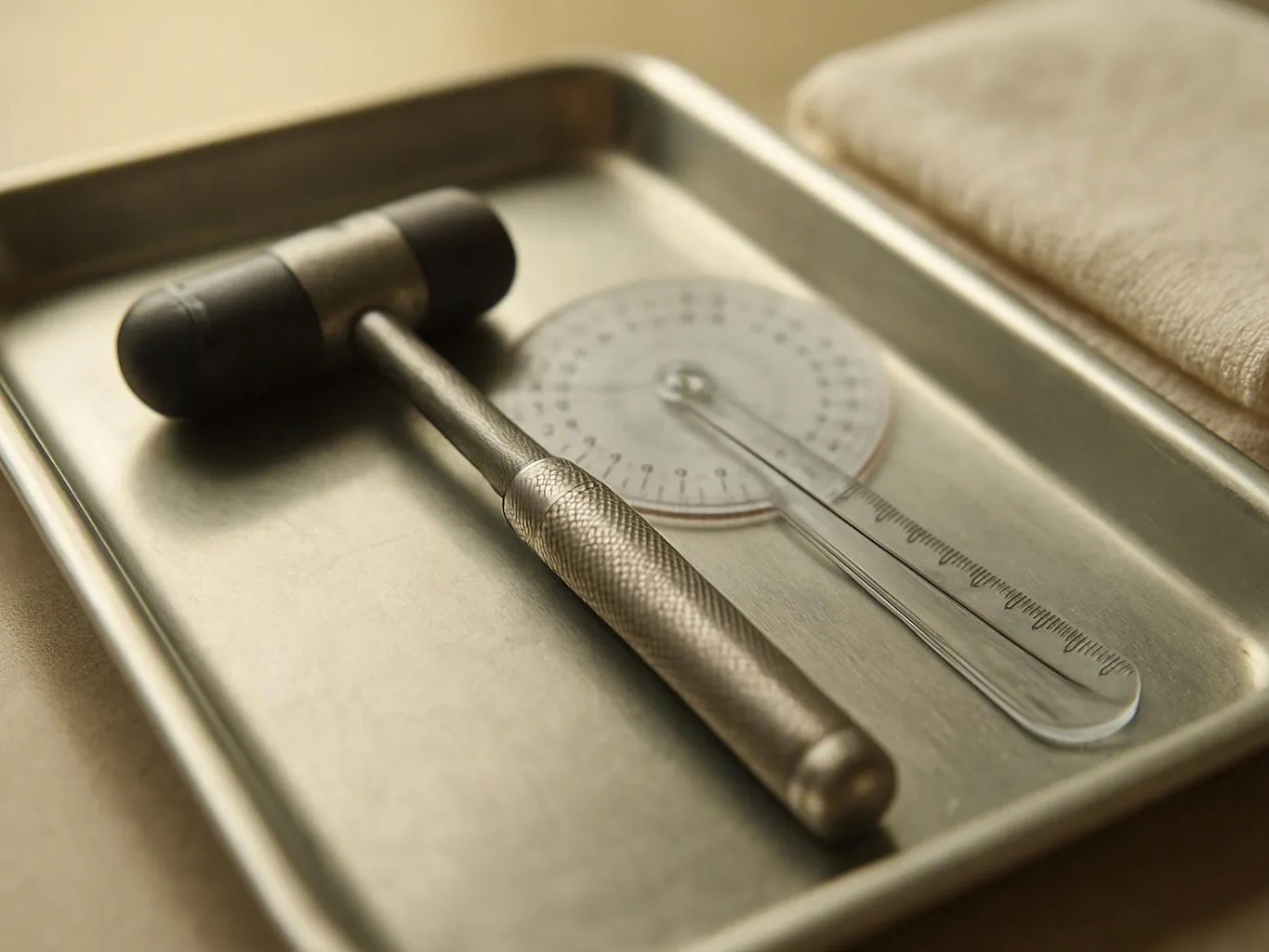 A metal mallet and circular gauge lie on a shallow tray beside a beige cloth surface