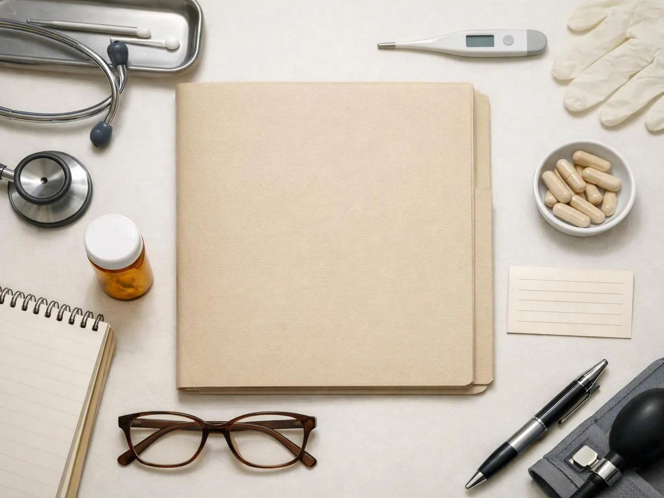 A neatly arranged medical desk shows a folder, thermometer, pills, gloves, stethoscope, notebook, glasses