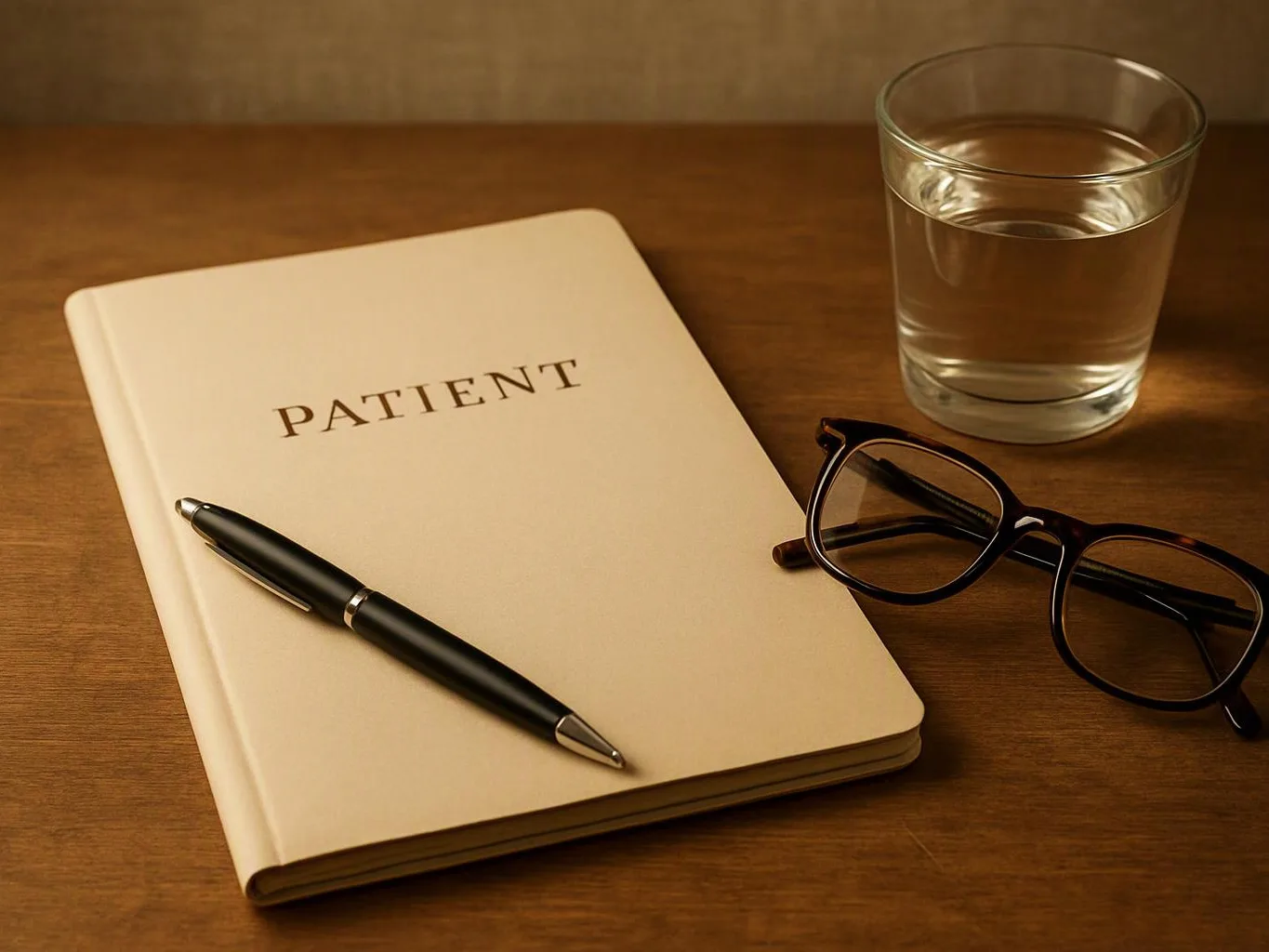 A notebook labeled "PATIENT" sits beside a pen, eyeglasses, and a glass of water on a wooden table