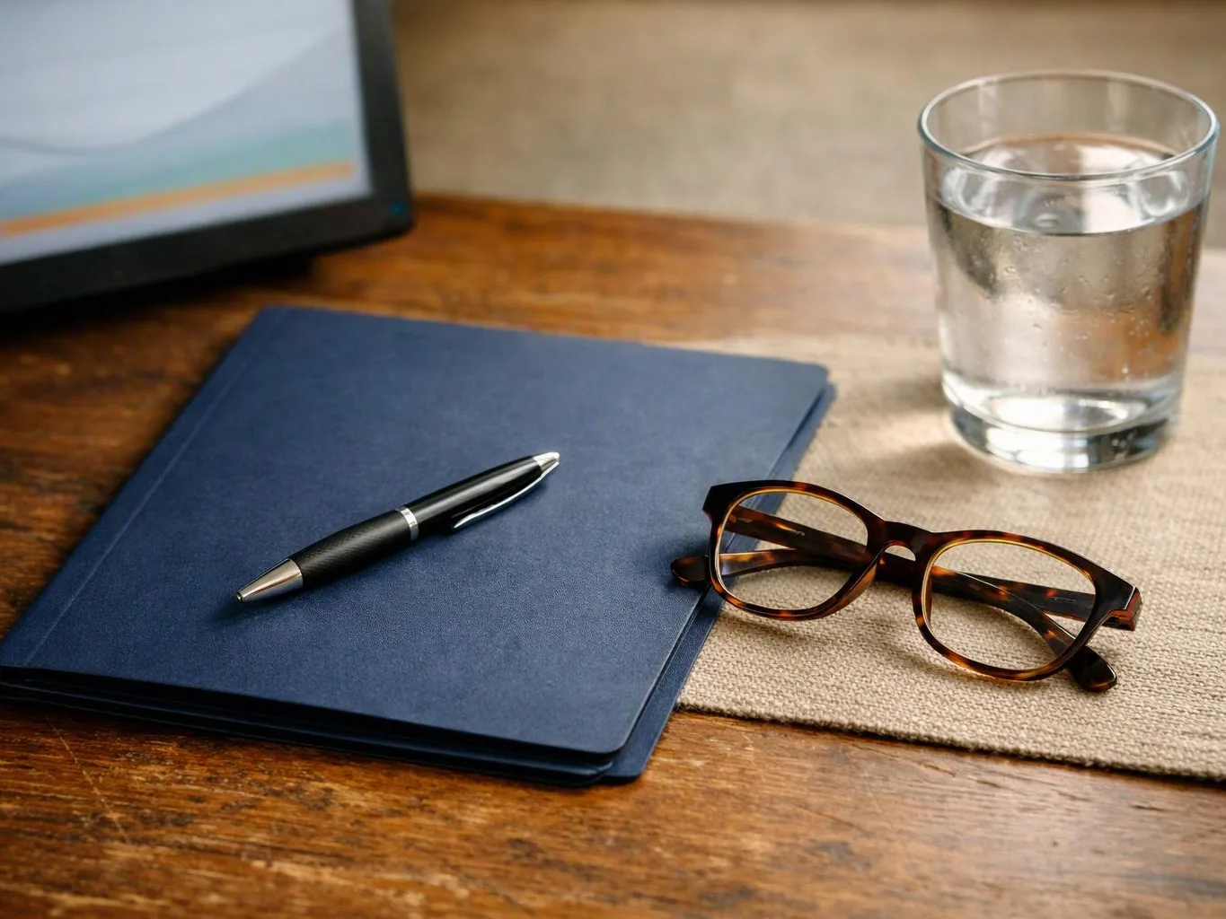 A notebook, pen, eyeglasses, and water glass sit on a wooden desk next to a computer screen