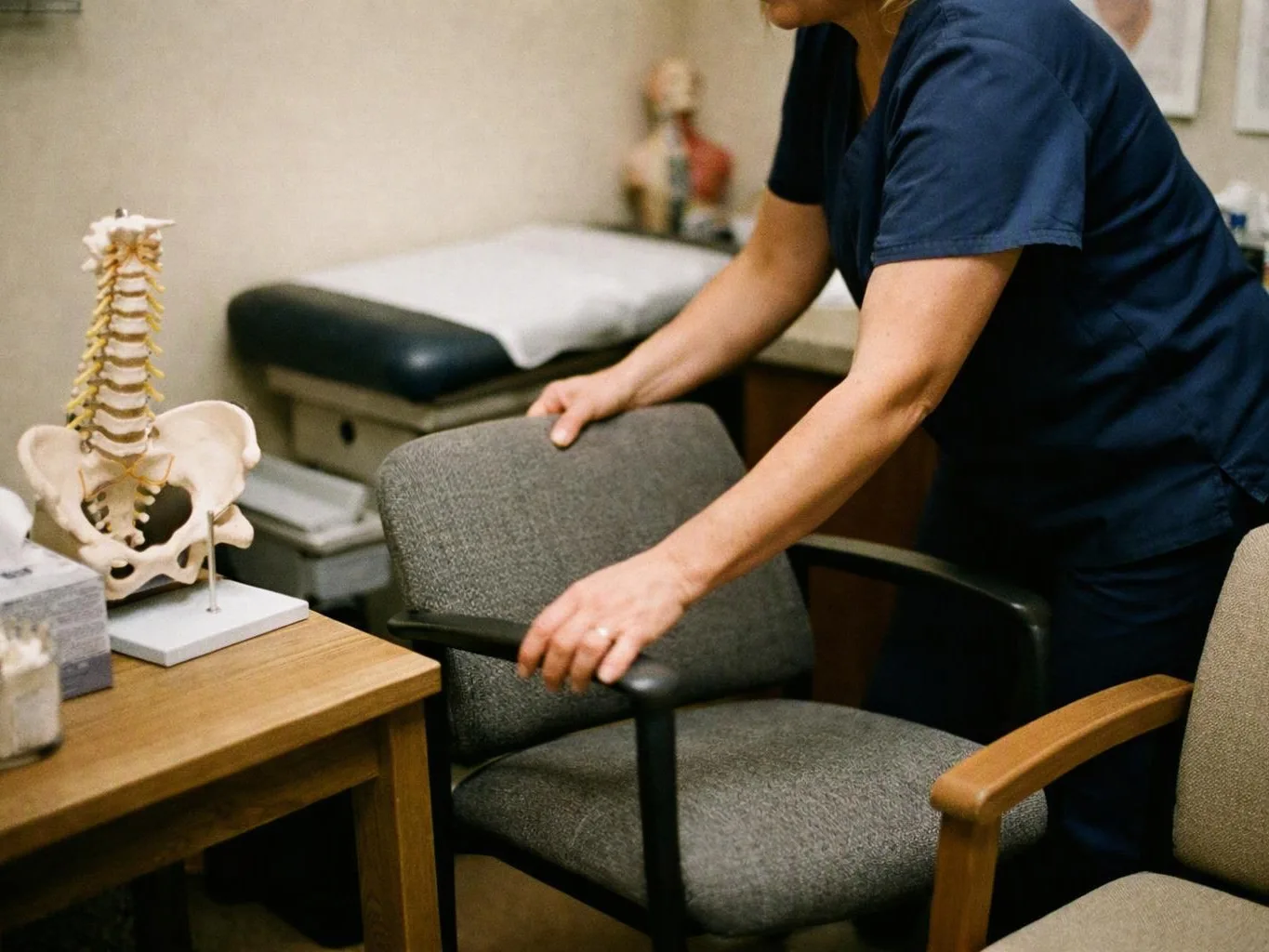 A nurse in scrubs adjusts a gray chair in a medical exam room beside a spine model