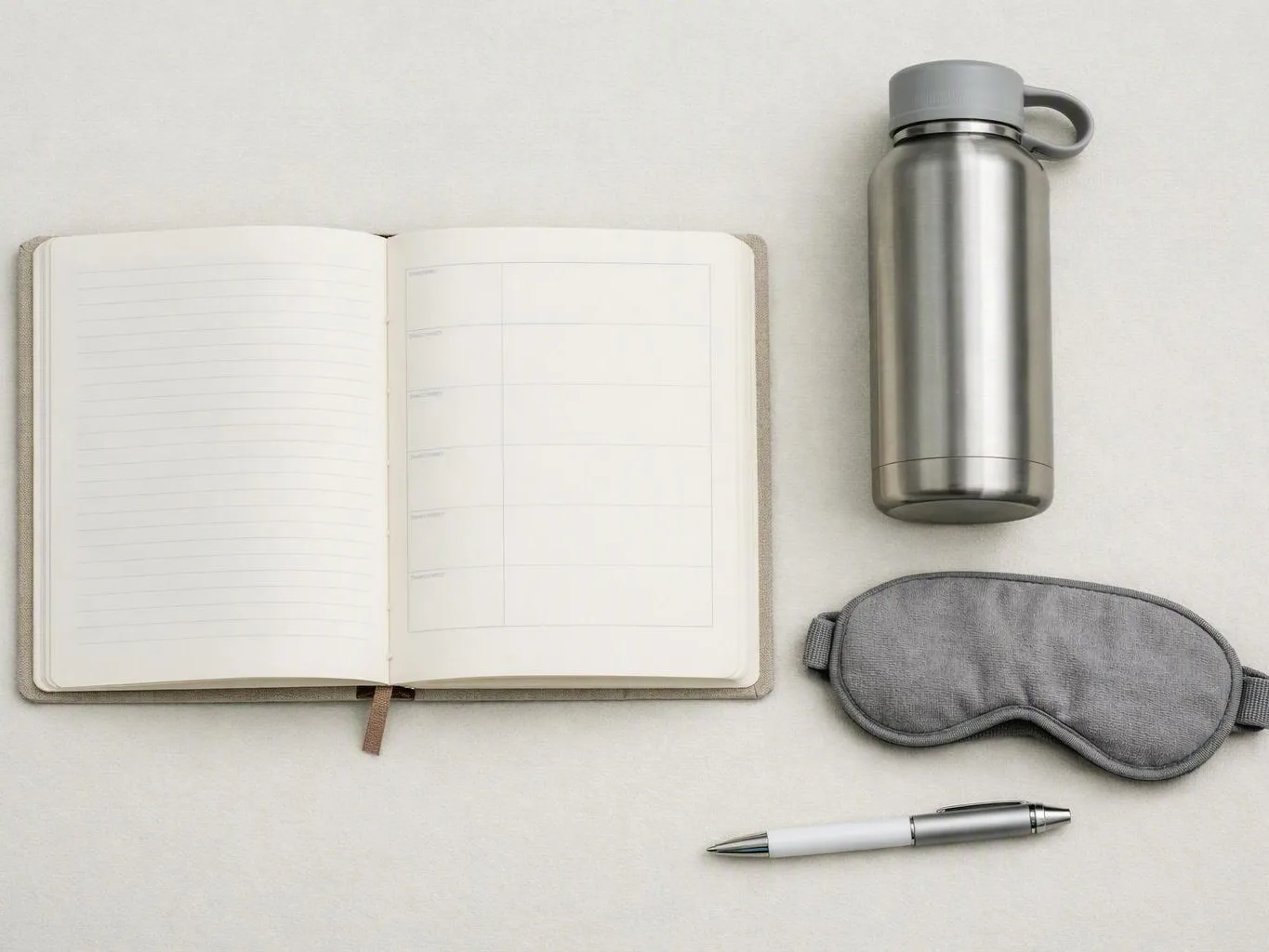 An open notebook sits beside a metal bottle, gray sleep mask, and white pen on a pale surface