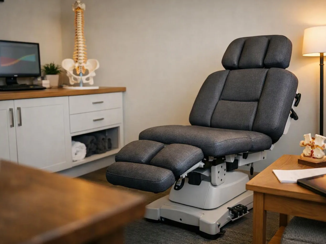A padded exam chair sits in a clean medical room beside cabinets, a desk, a lamp, and spine models