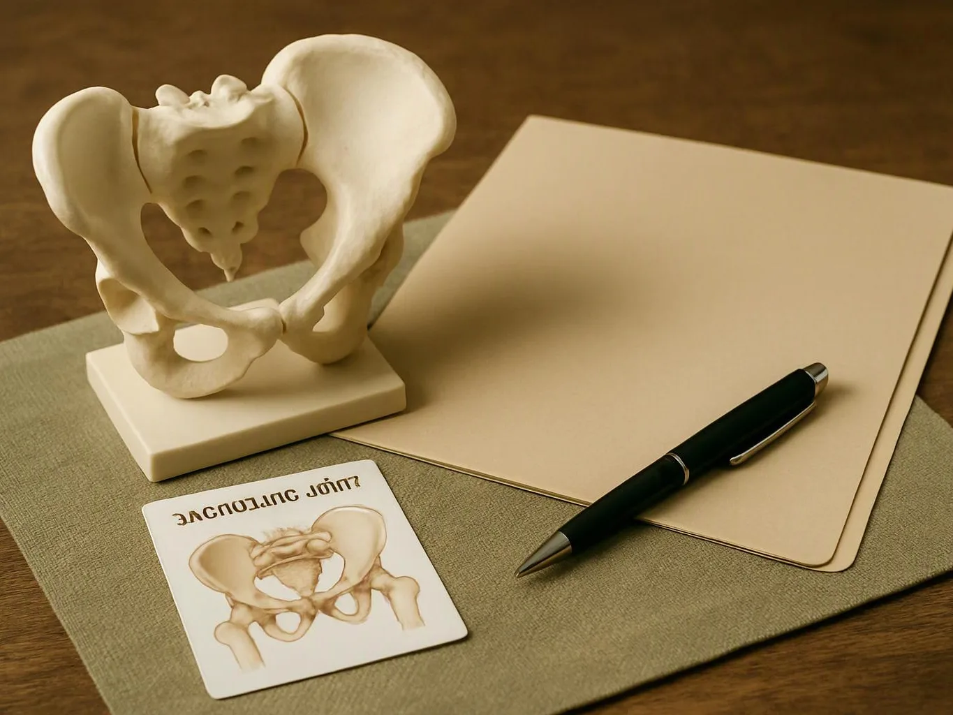 A pelvic bone model, blank folder, pen, and small anatomy card sit on a desk with warm light