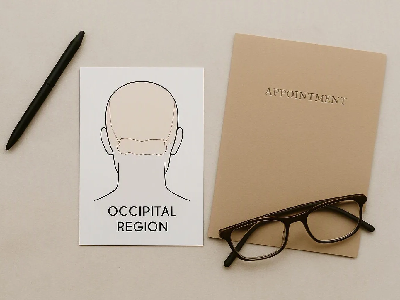 A pen, glasses, and two cards rest on a beige surface, one labeled “OCCIPITAL REGION” and one “APPOINTMENT”