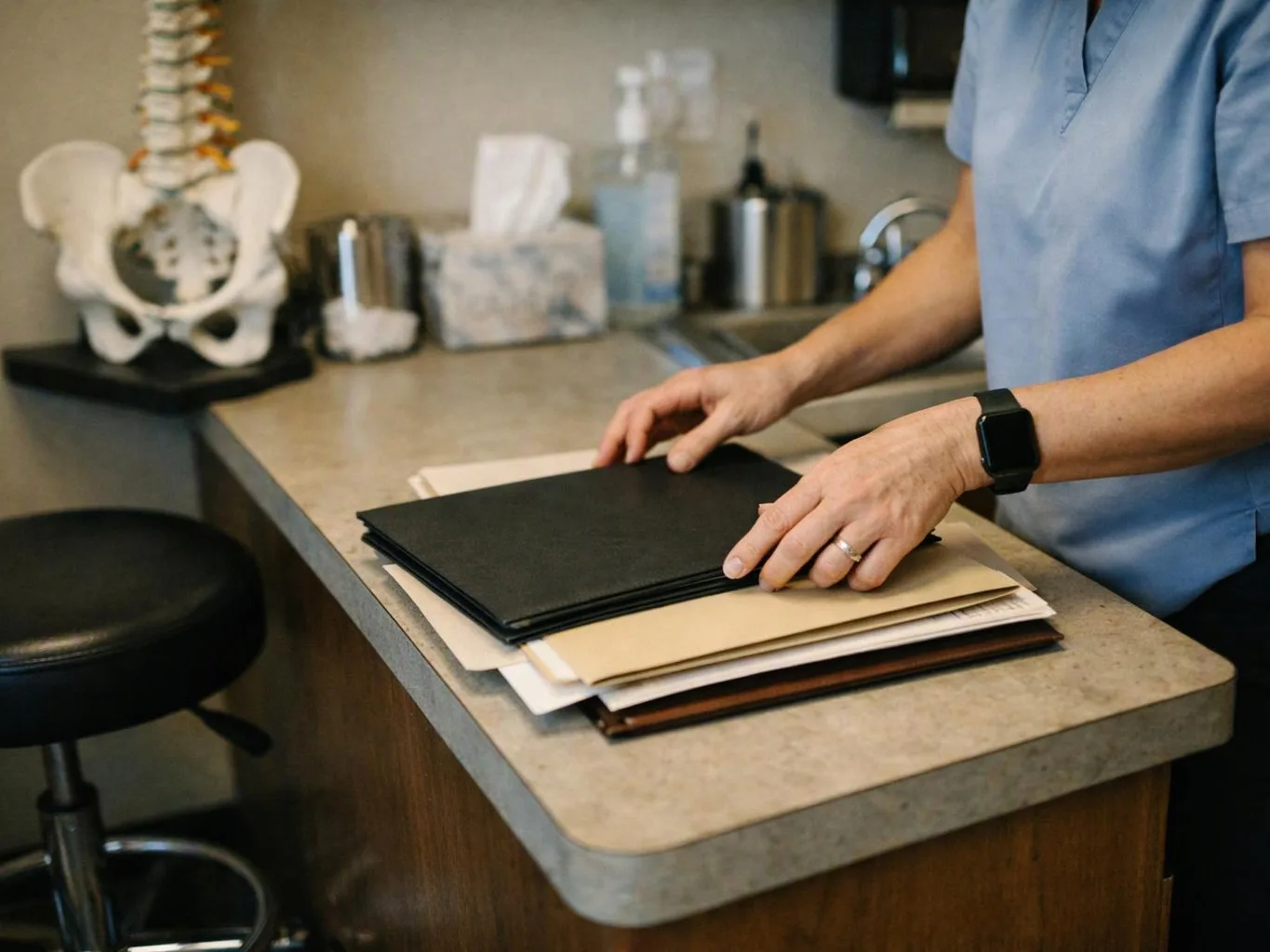 A person in blue scrubs sorts a stack of folders on a clinic counter
