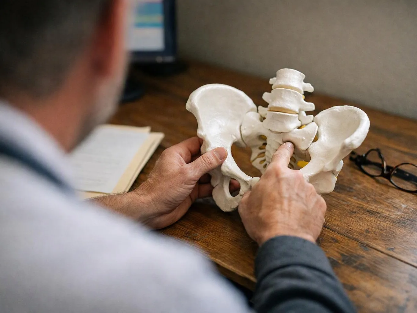 A person examines a white pelvis and spine model on a wooden desk